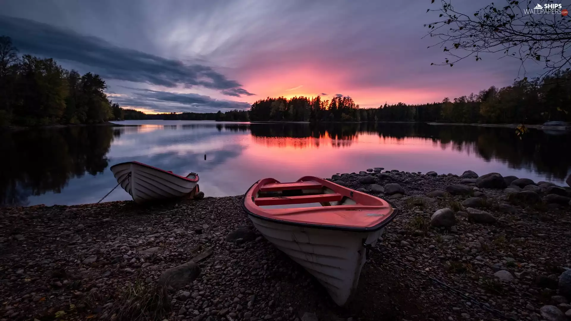 trees, boats, Stones, forest, lake, viewes, Great Sunsets