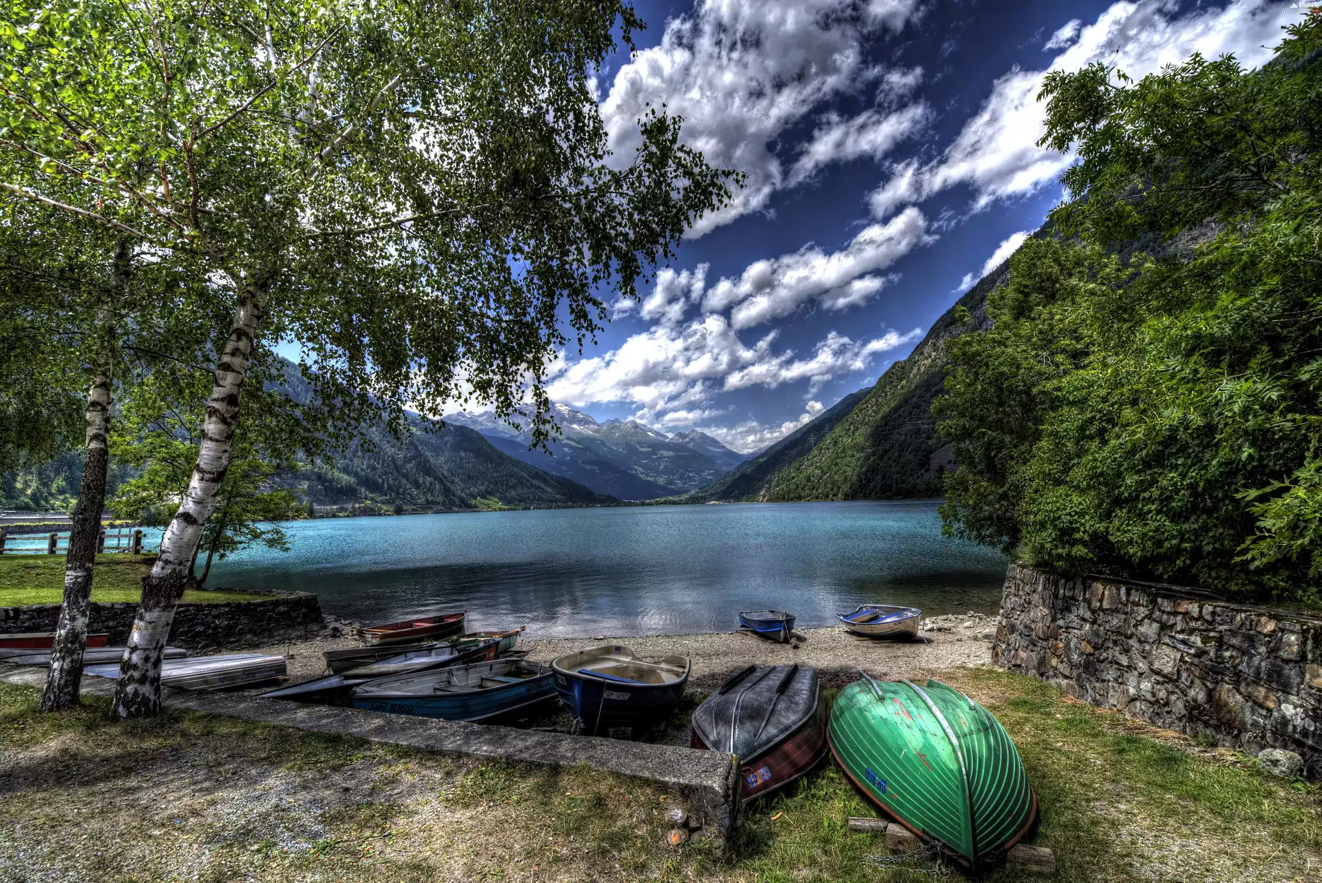 forest, Switzerland, Mountains, lake, boats