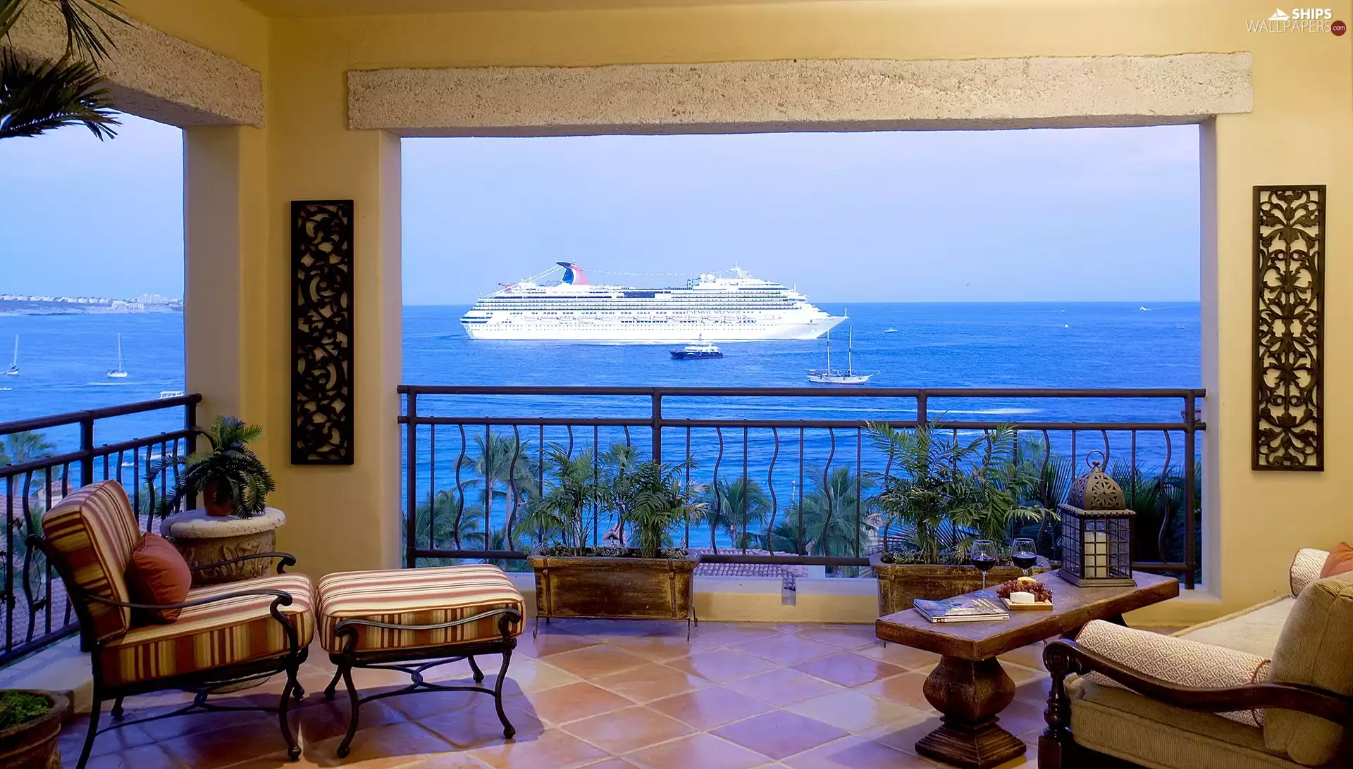 sea, Passanger ship, terrace, View, house