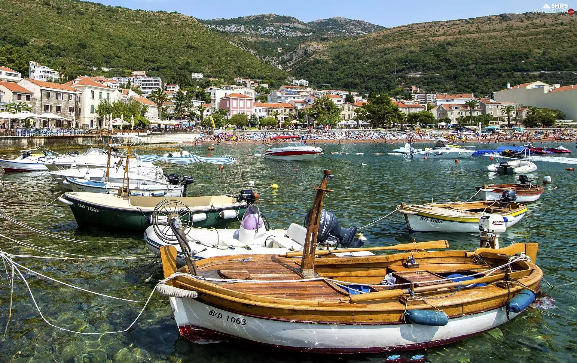boats, Beaches, Houses, The Hills, motorboat, Harbour