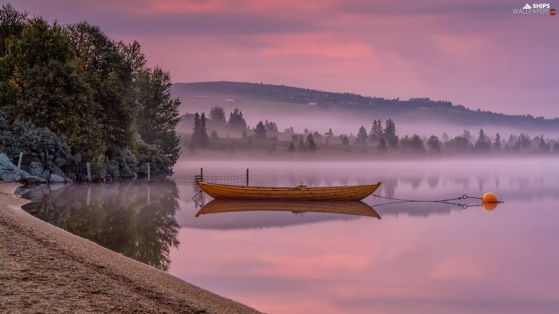 Fog, lake, viewes, The Hills, trees, Boat