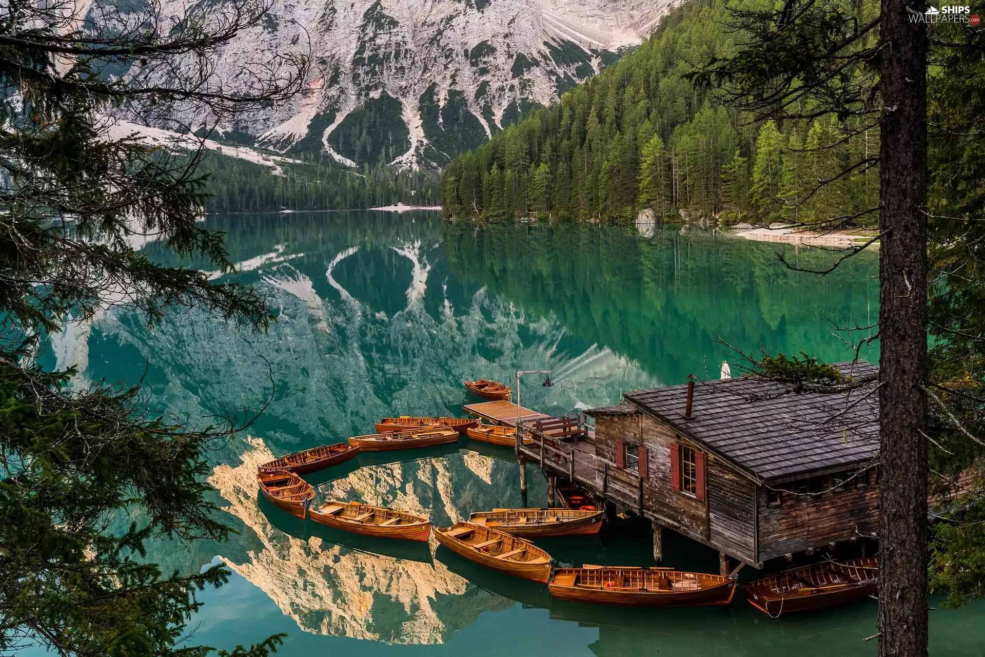 Tirol, Mountains, woods, Dolomites, boats, Pragser Wildsee Lake, Italy, Home