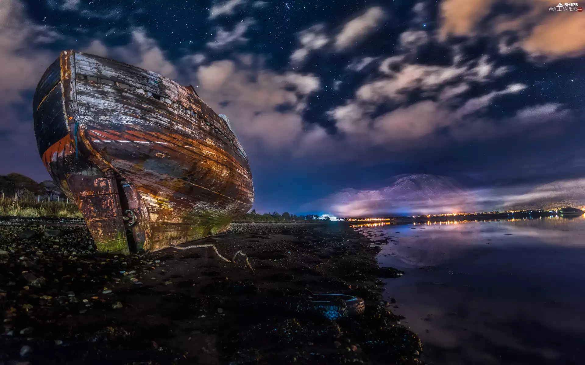 Ship Sea, coast, Town, night, Sky, wreck