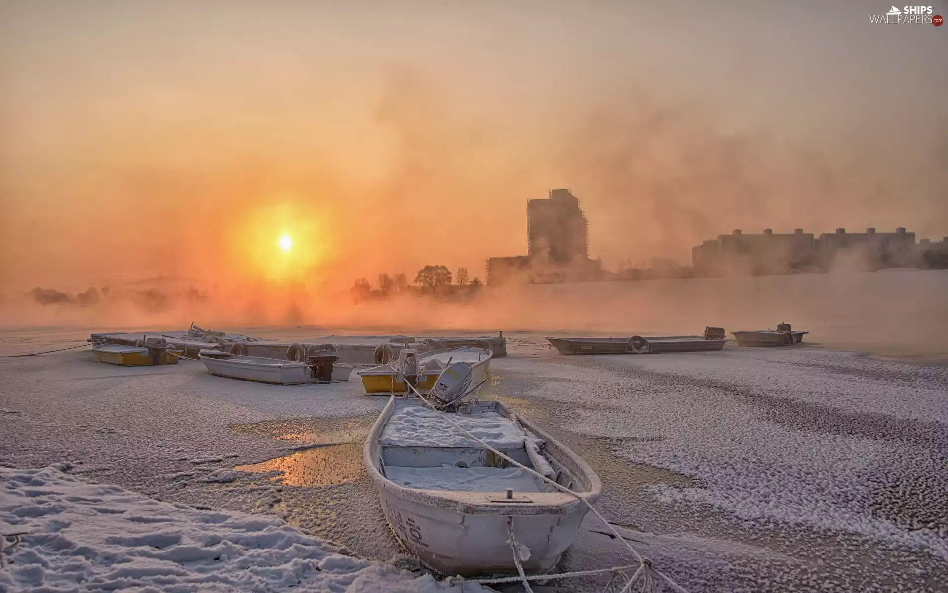 boats, Town, Icecream, snow, winter