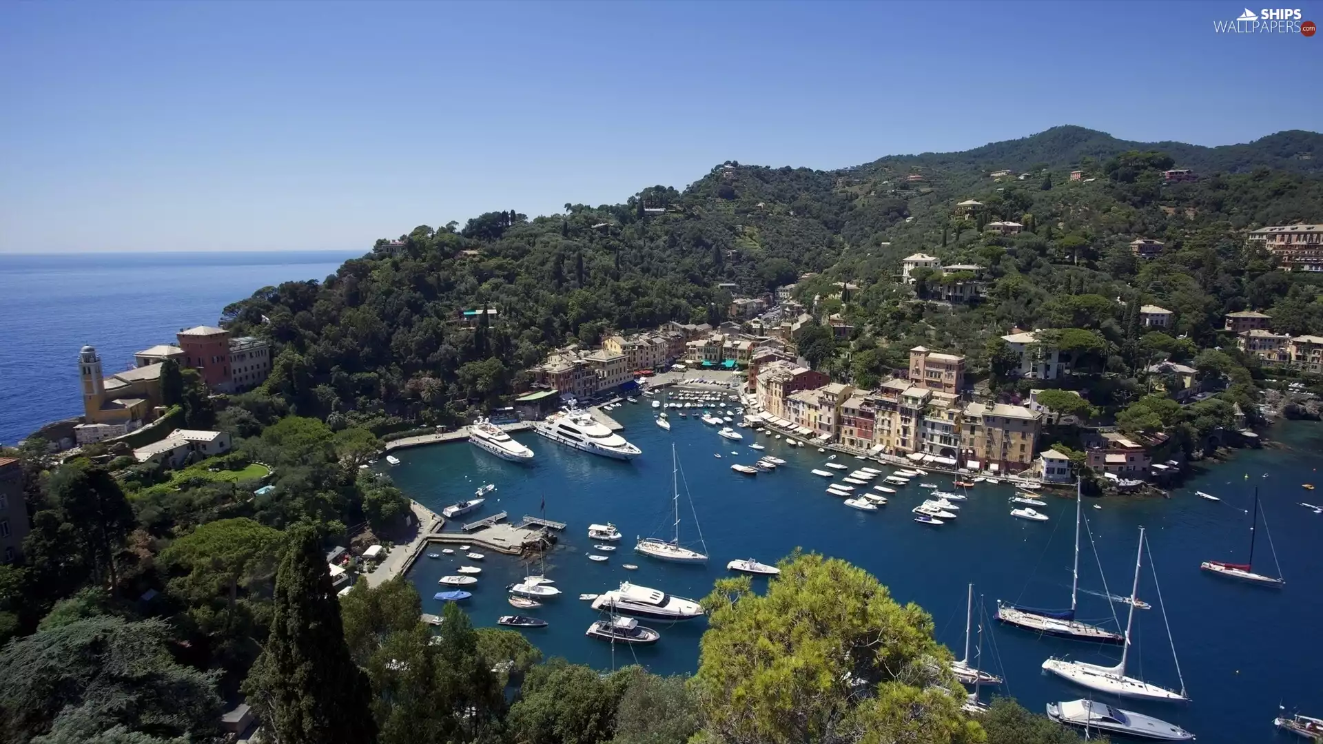 Mountains, sea, Italy, woods, Portofino, Boats, Yachts, Town