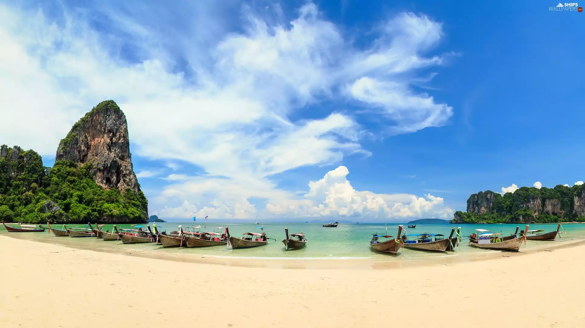 Railay Beach, Andaman Sea, rocks, Krabi Province, boats, clouds, trees, viewes, Thailand