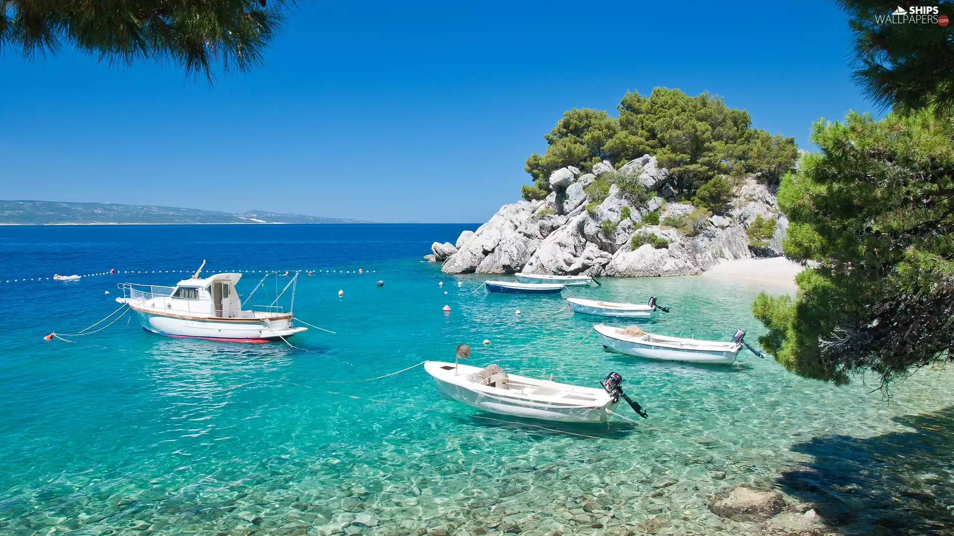 Yacht, Boats, Beaches, Rocks, viewes, Sky, sea, trees
