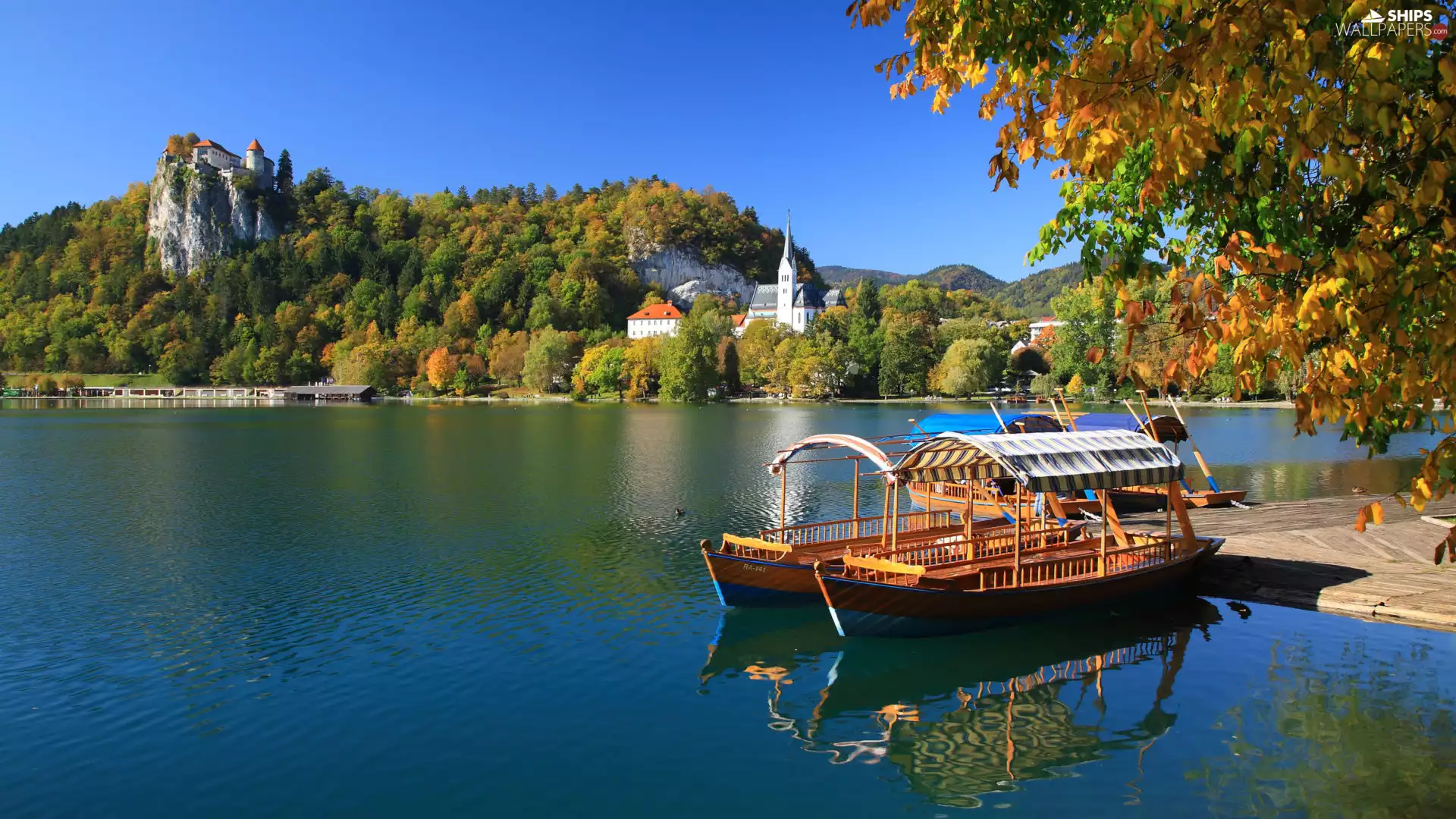 Mountains, Lake Bled, trees, viewes, Triglav National Park, Slovenia, Bled Castle, Church, boats