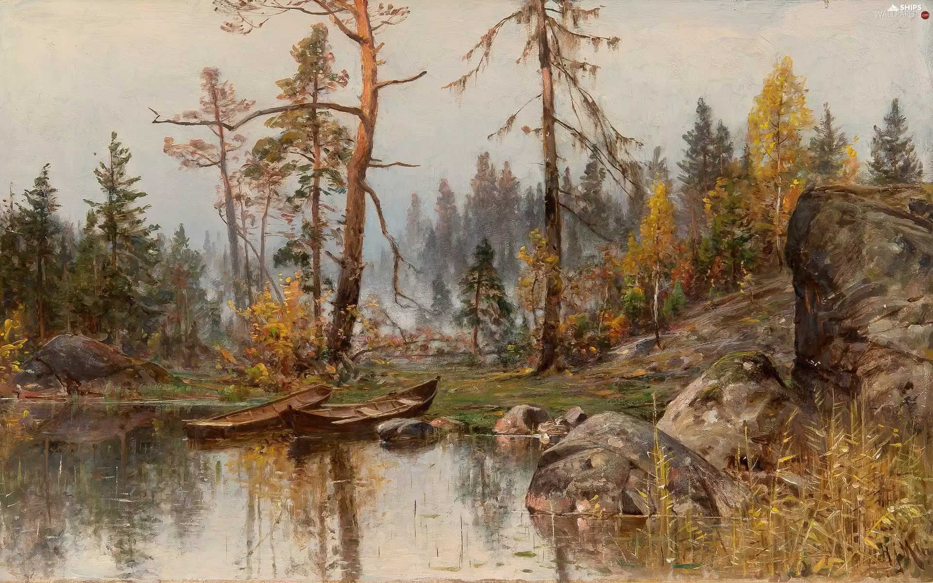 trees, viewes, Hjalmar Munsterhjelm, forest, painting, boats, lake, Stones