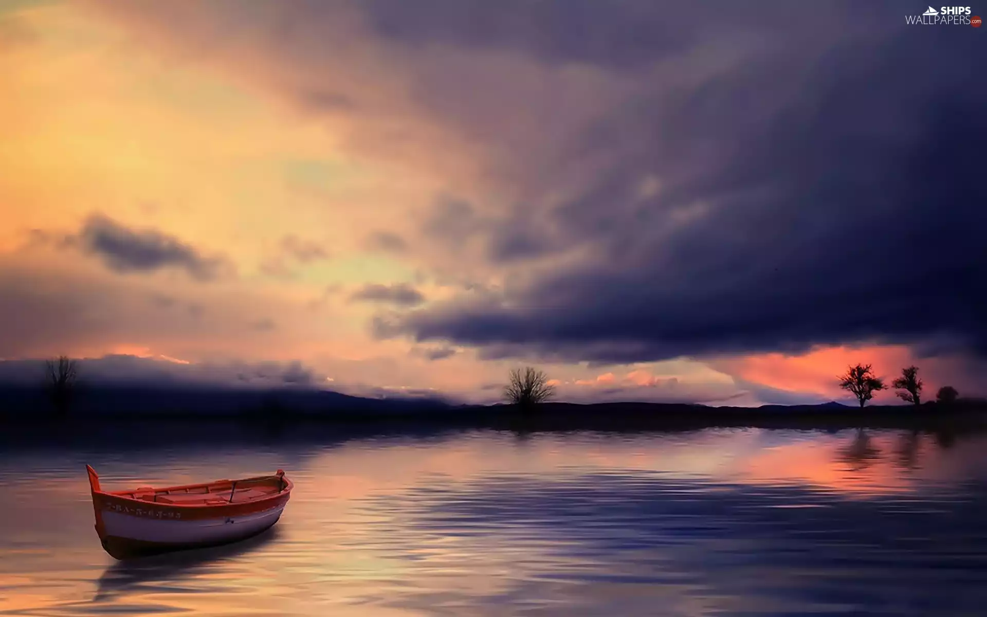 viewes, lake, clouds, trees, Boat, dark, Dusk