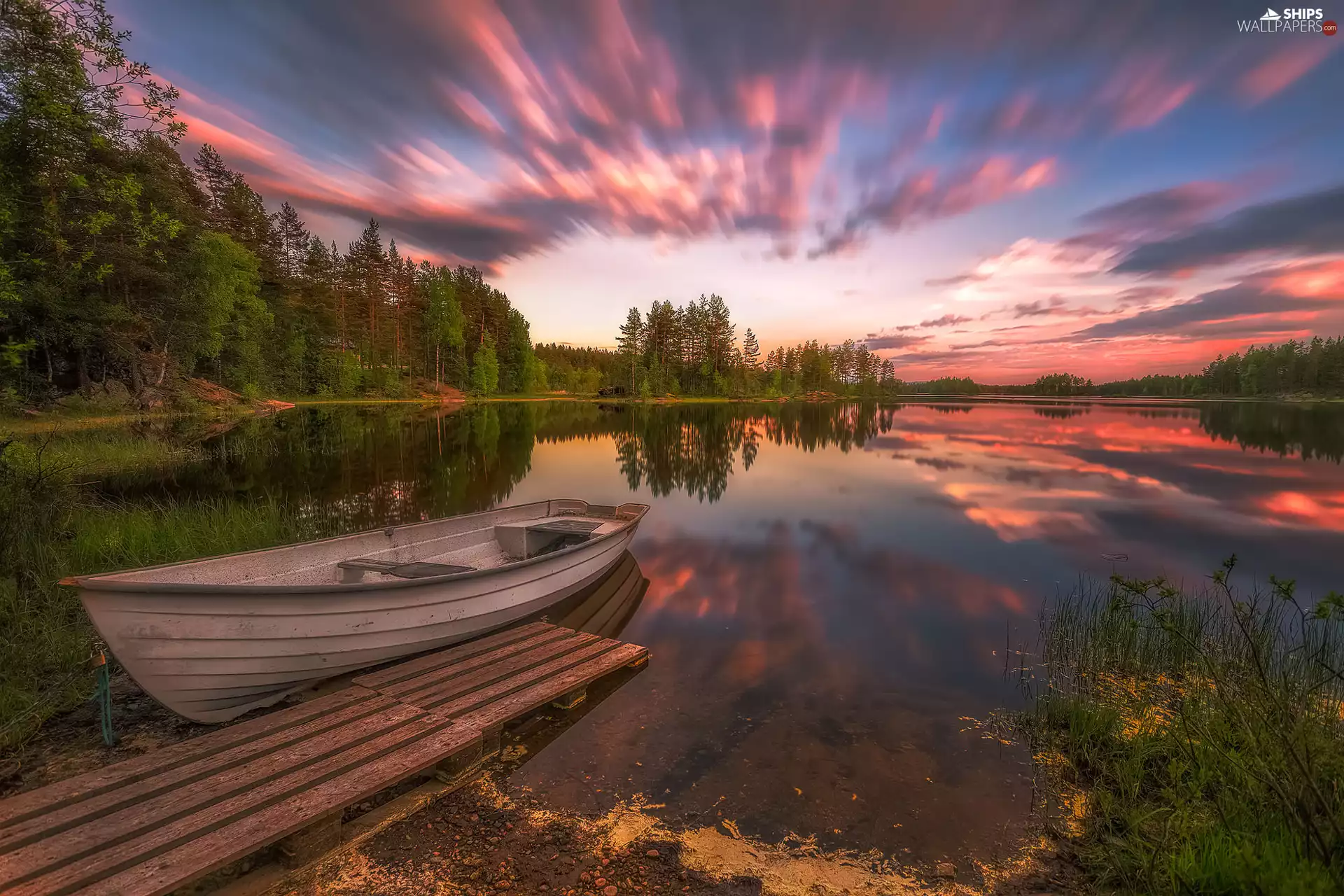 Platform, Boat, reflection, forest, viewes, lake, clouds, trees