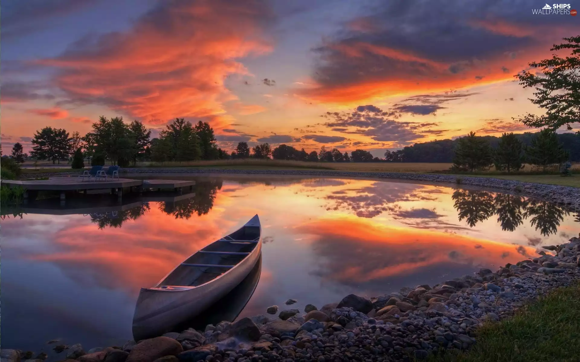 viewes, lake, sun, trees, Boat, west, clouds