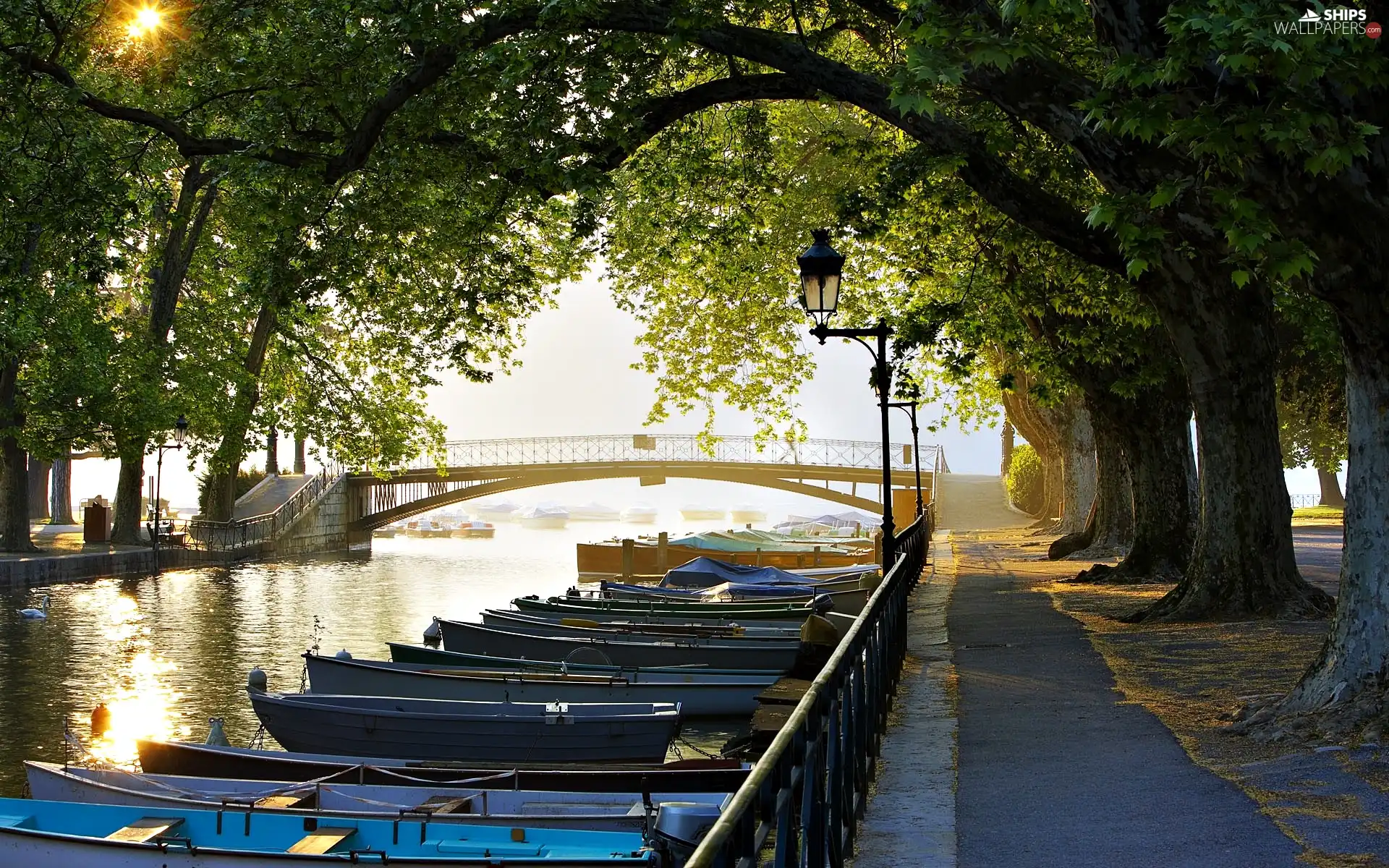 canal, France, trees, viewes, bridge, boats