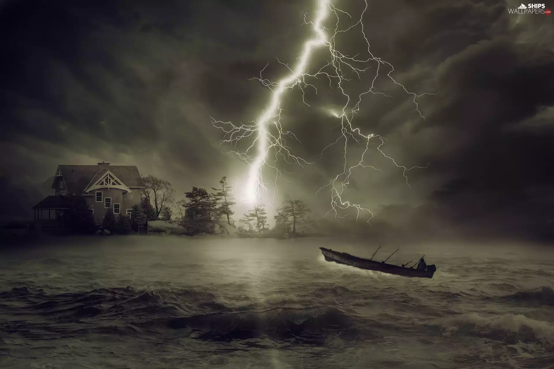 trees, thunderbolt, lake, Boat, Waves, Storm, Sky, Paintography, viewes, house