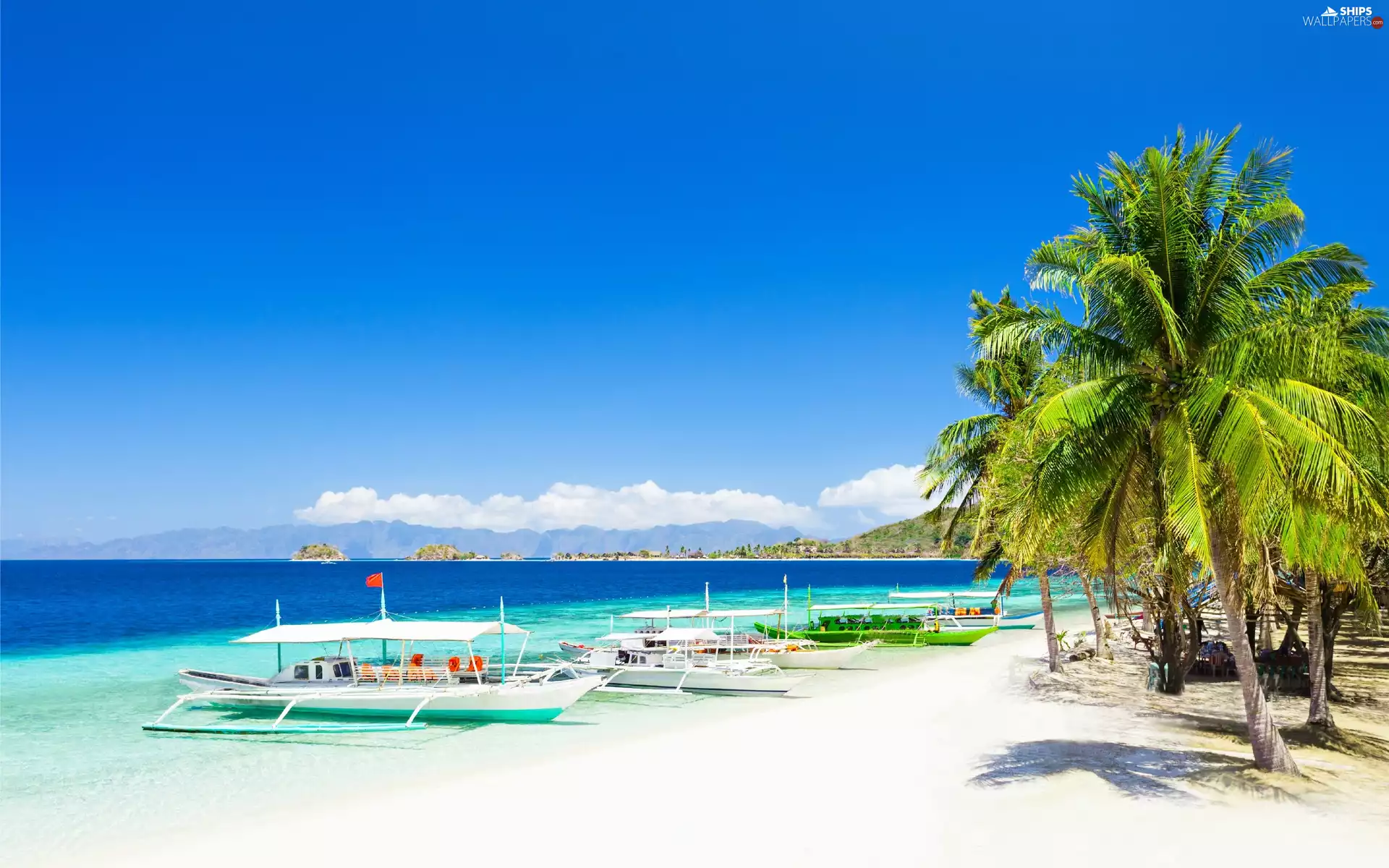 Boats, Beaches, sea, Tropical, Mountains, Palms