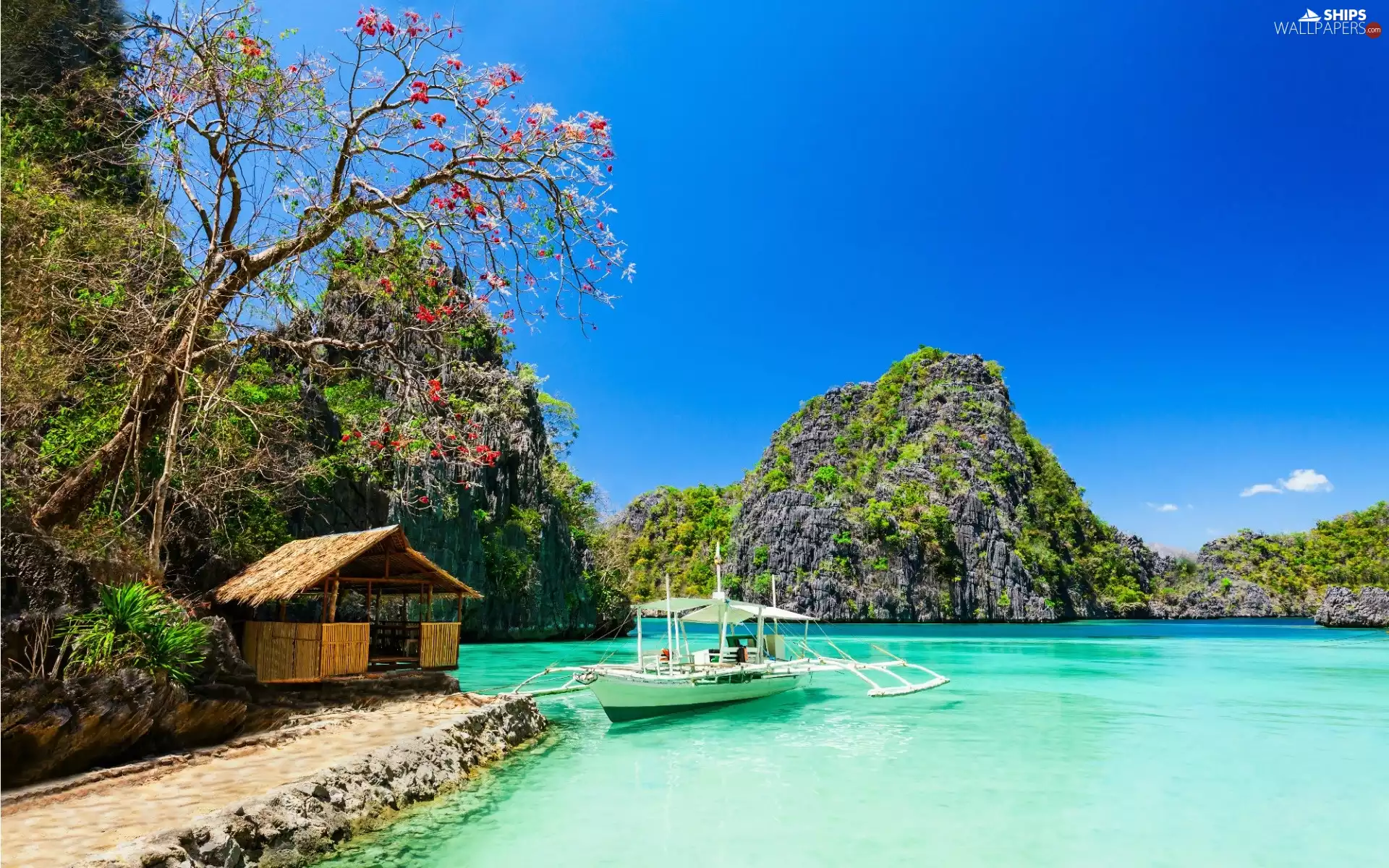 Home, Tropical, sea, rocks, Boat