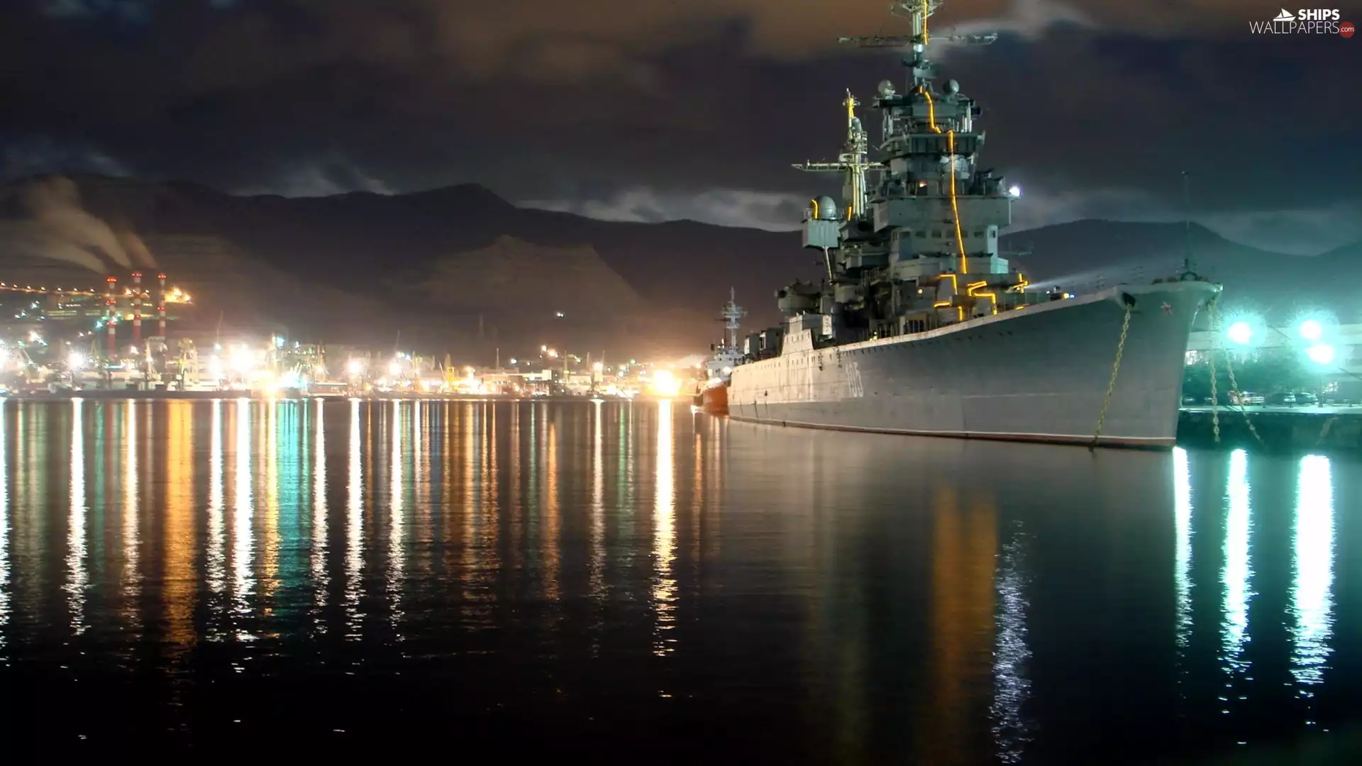 Night, reflection, Military truck, port, Ship