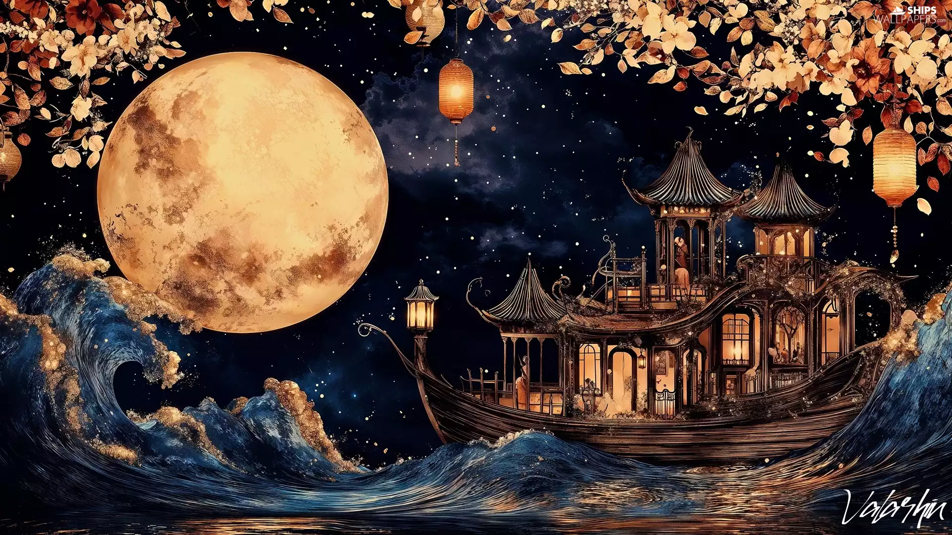 moon, fantasy, bath-tub, house, Waves, Night