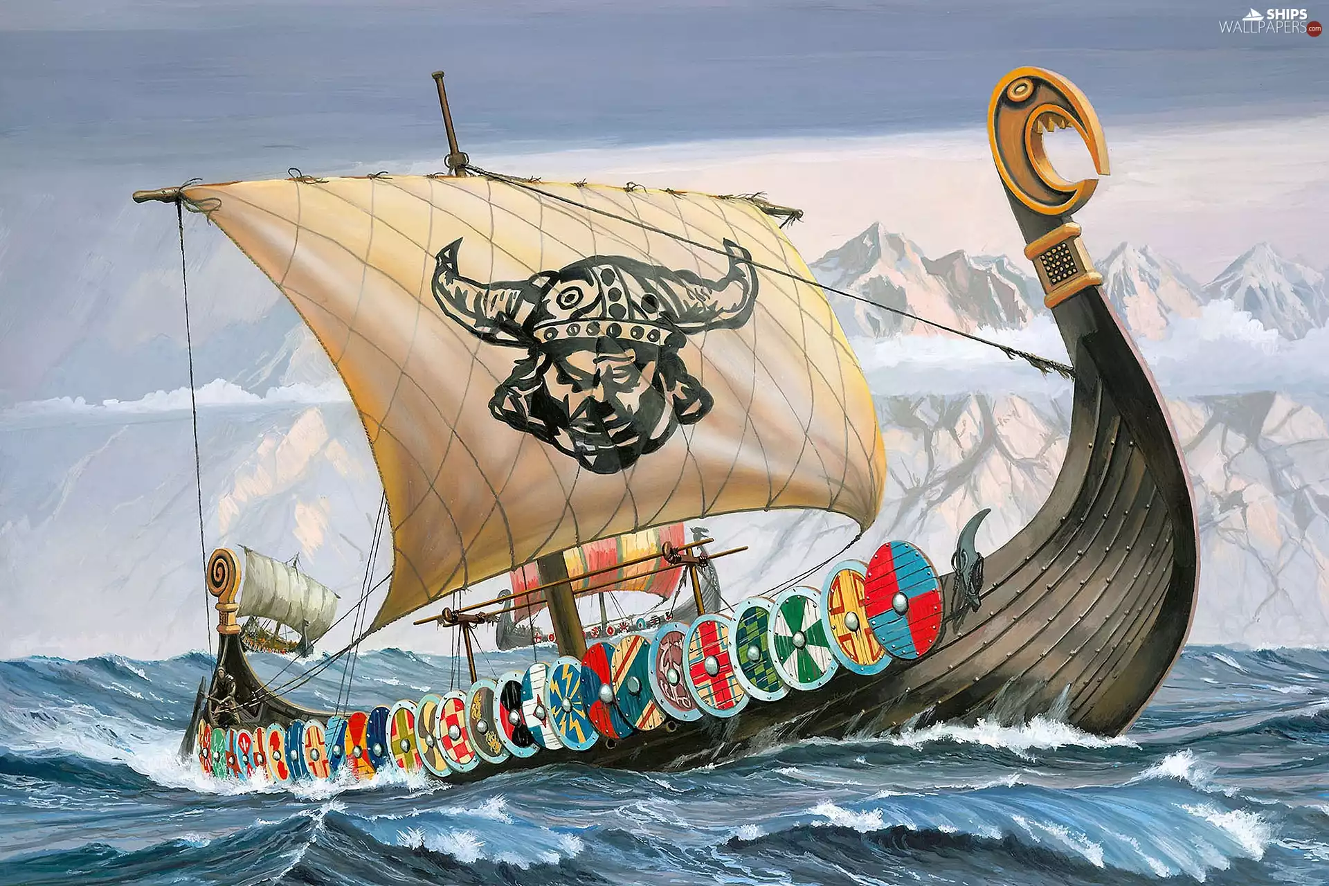 shields, graphics, bath-tub, Vikings, sea