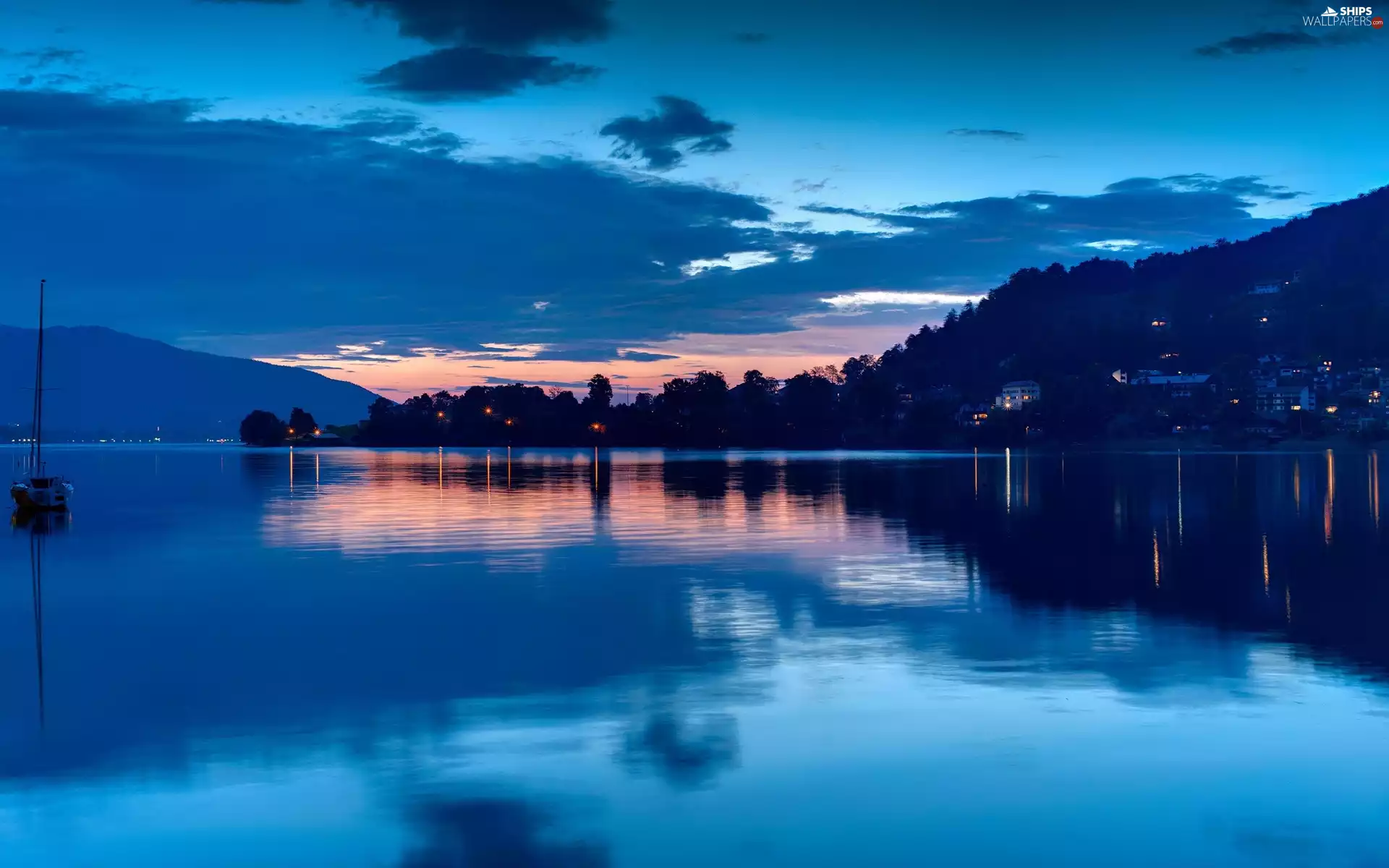 spa, lake, Mountains, twilight, woods, Boat