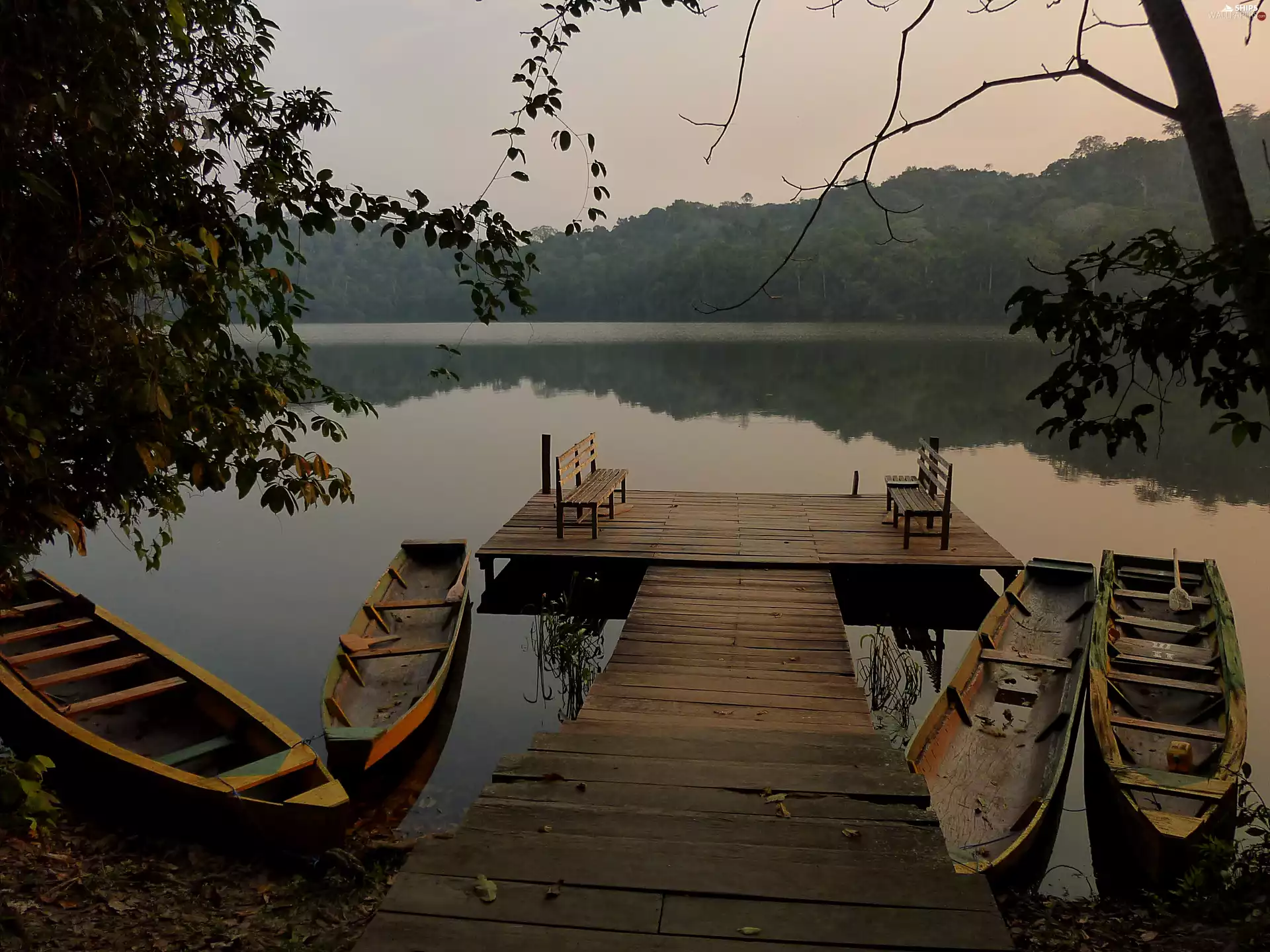Platform, lake, trees, twilight, boats, bench, viewes