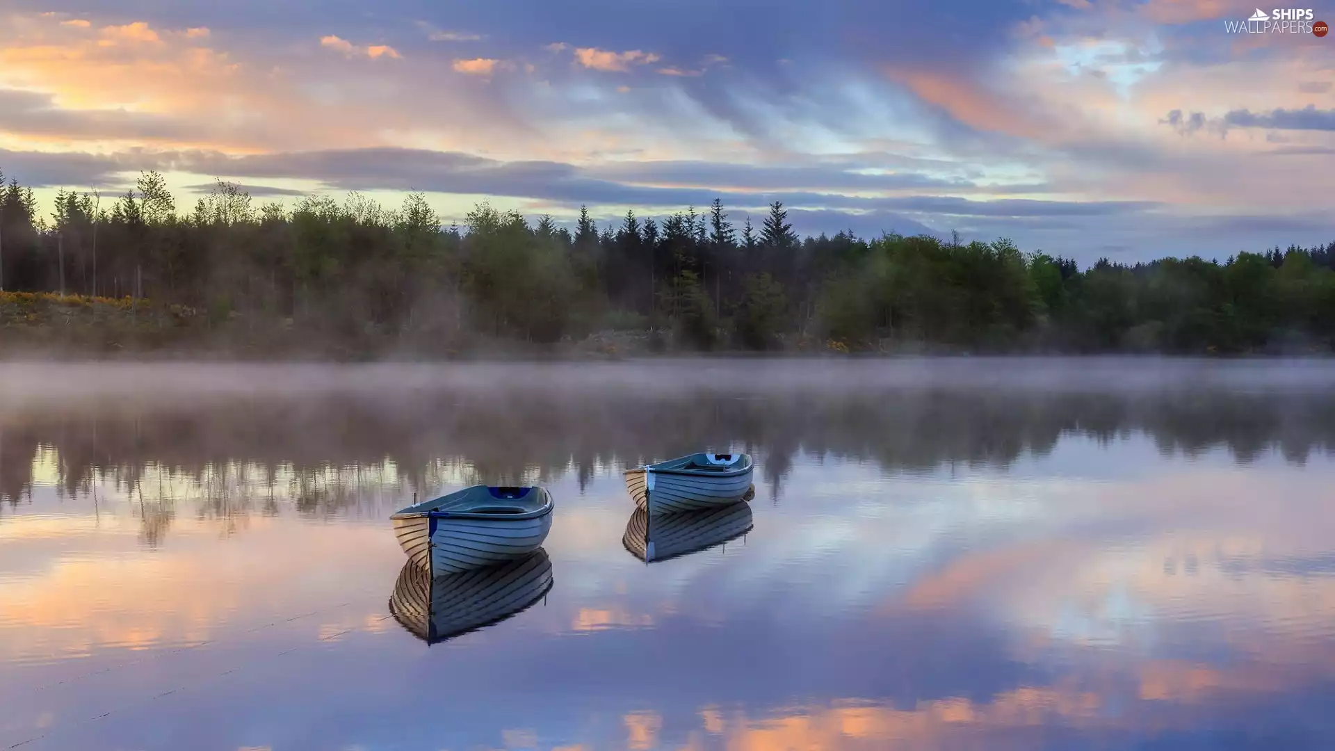 trees, Perthshire County, Two, Fog, boats, Scotland, Loch Rusky Lake, Sunrise, viewes, forest