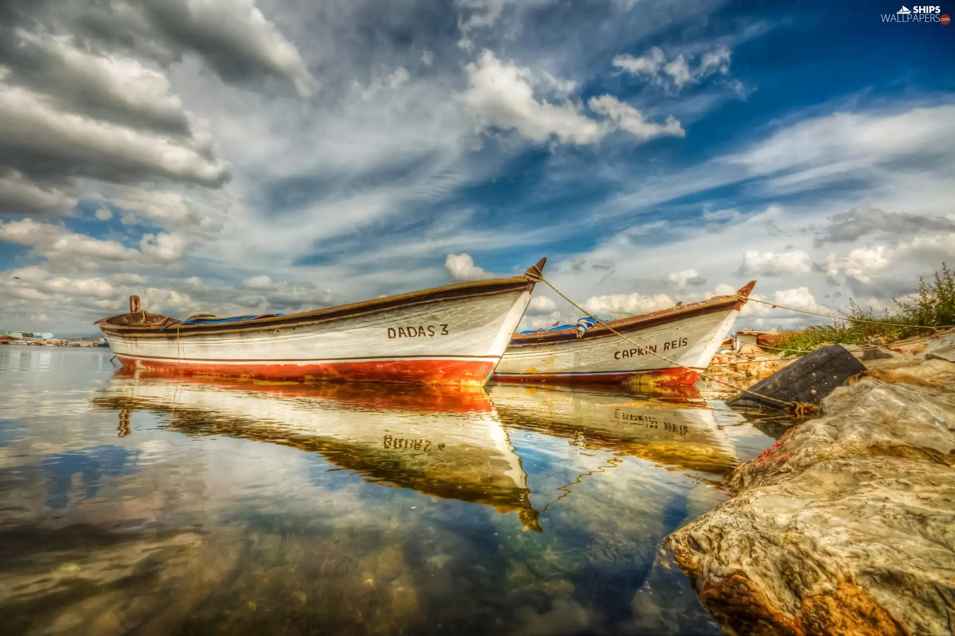 clouds, Beaches, Boats, Sky, sea, Two, reflection