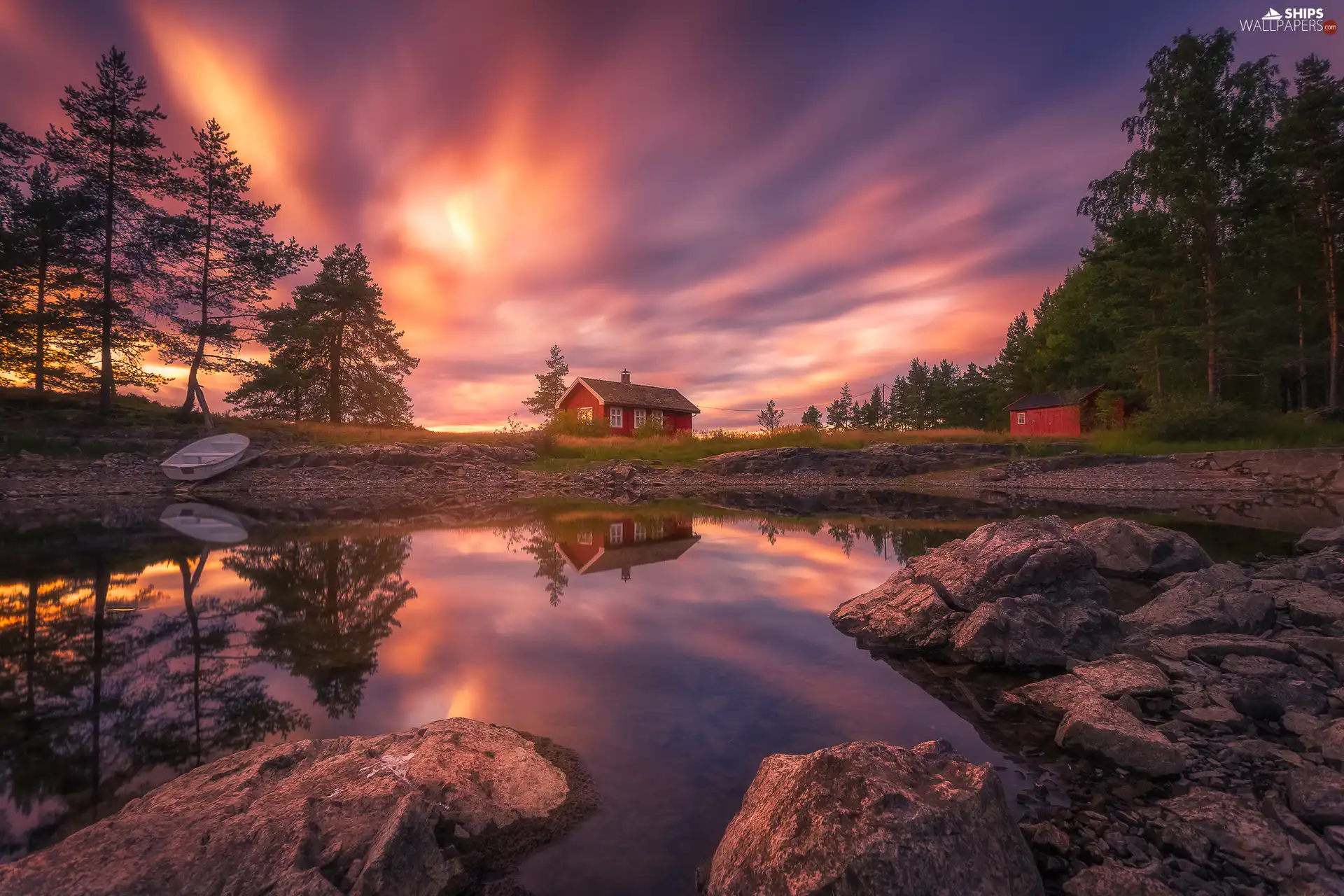 Vaeleren Lake Great Sunsets House Trees Boat Ringerike Norway