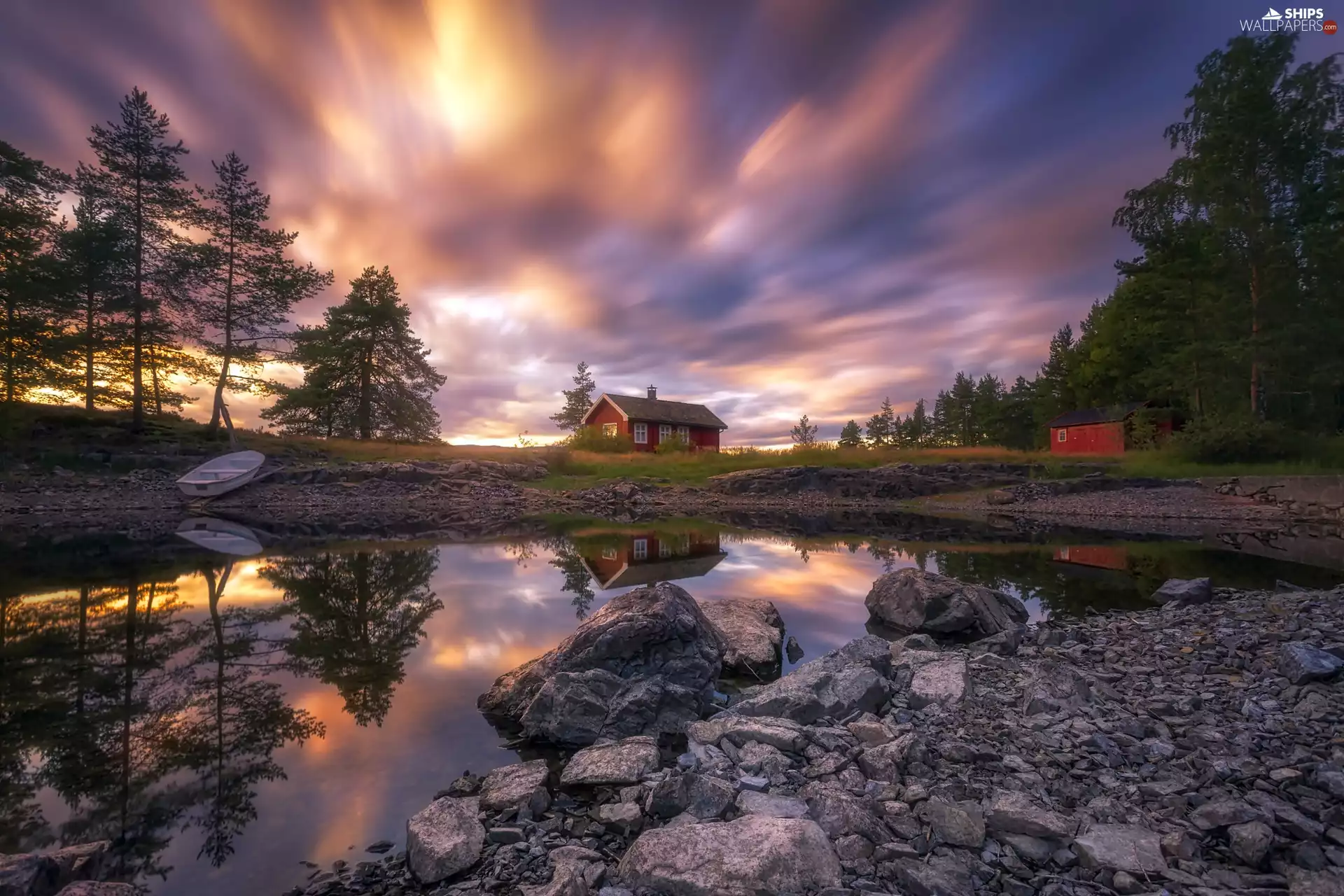 Vaeleren Lake, house, Boat, trees, Great Sunsets, Ringerike, Norway, viewes