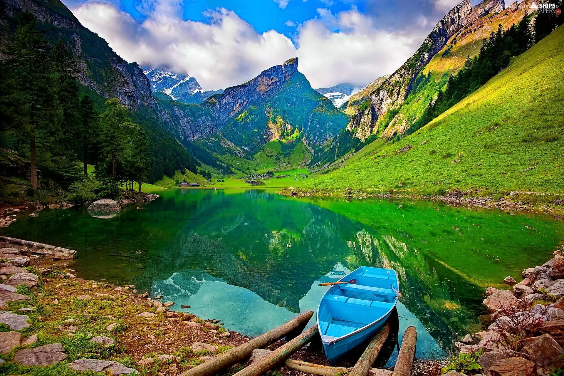 Mountains, lake, Boat, VEGETATION
