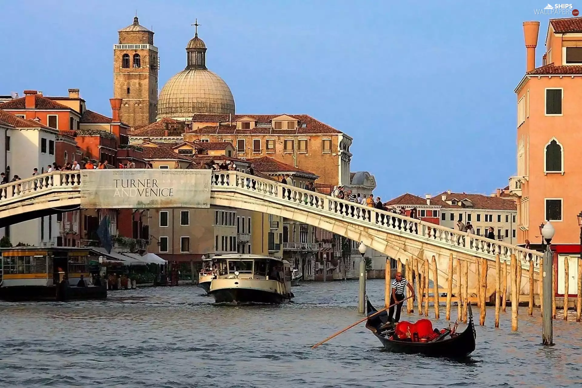 Gondolas, bridge, buildings, Venice, Church, canal