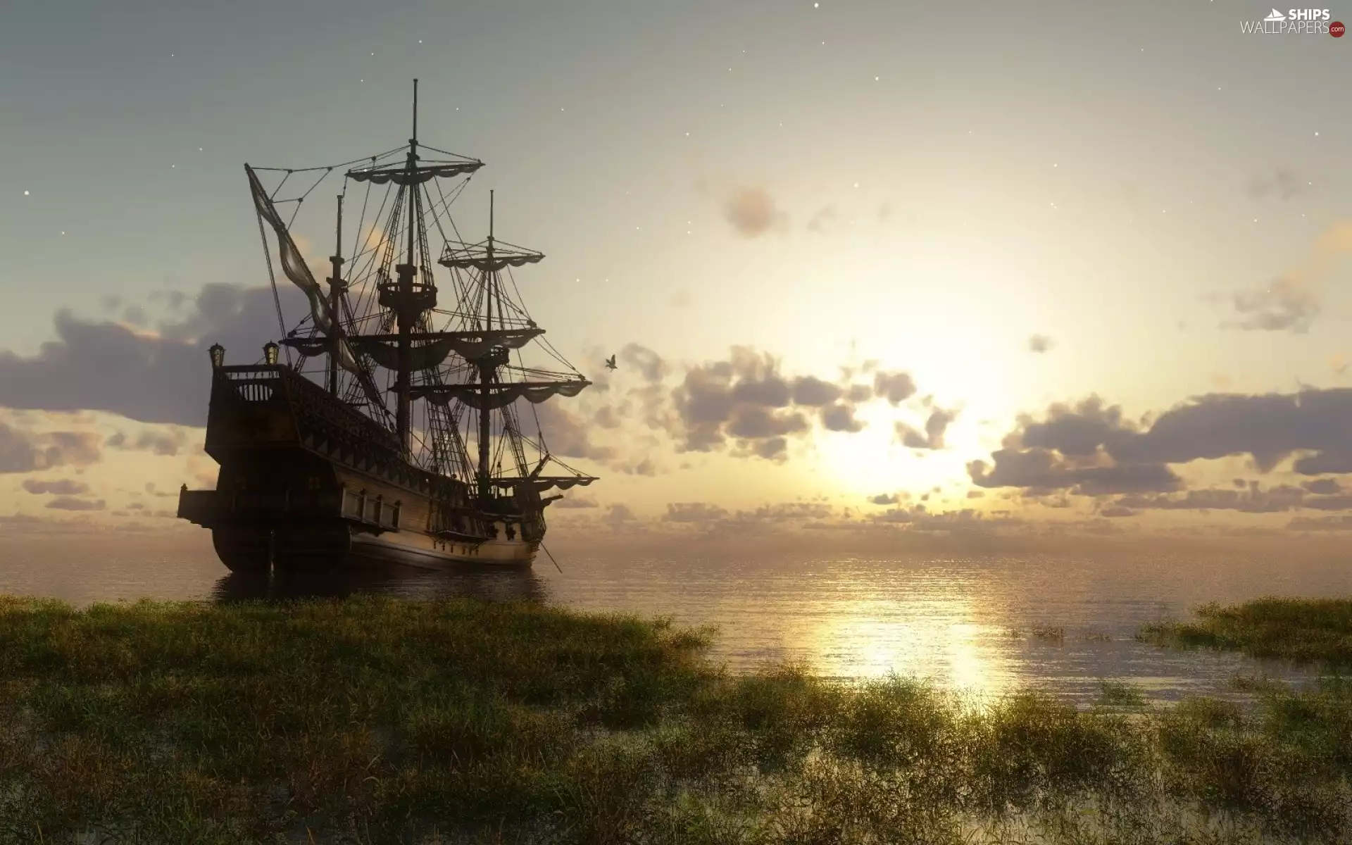 coast, anchored, sailing vessel