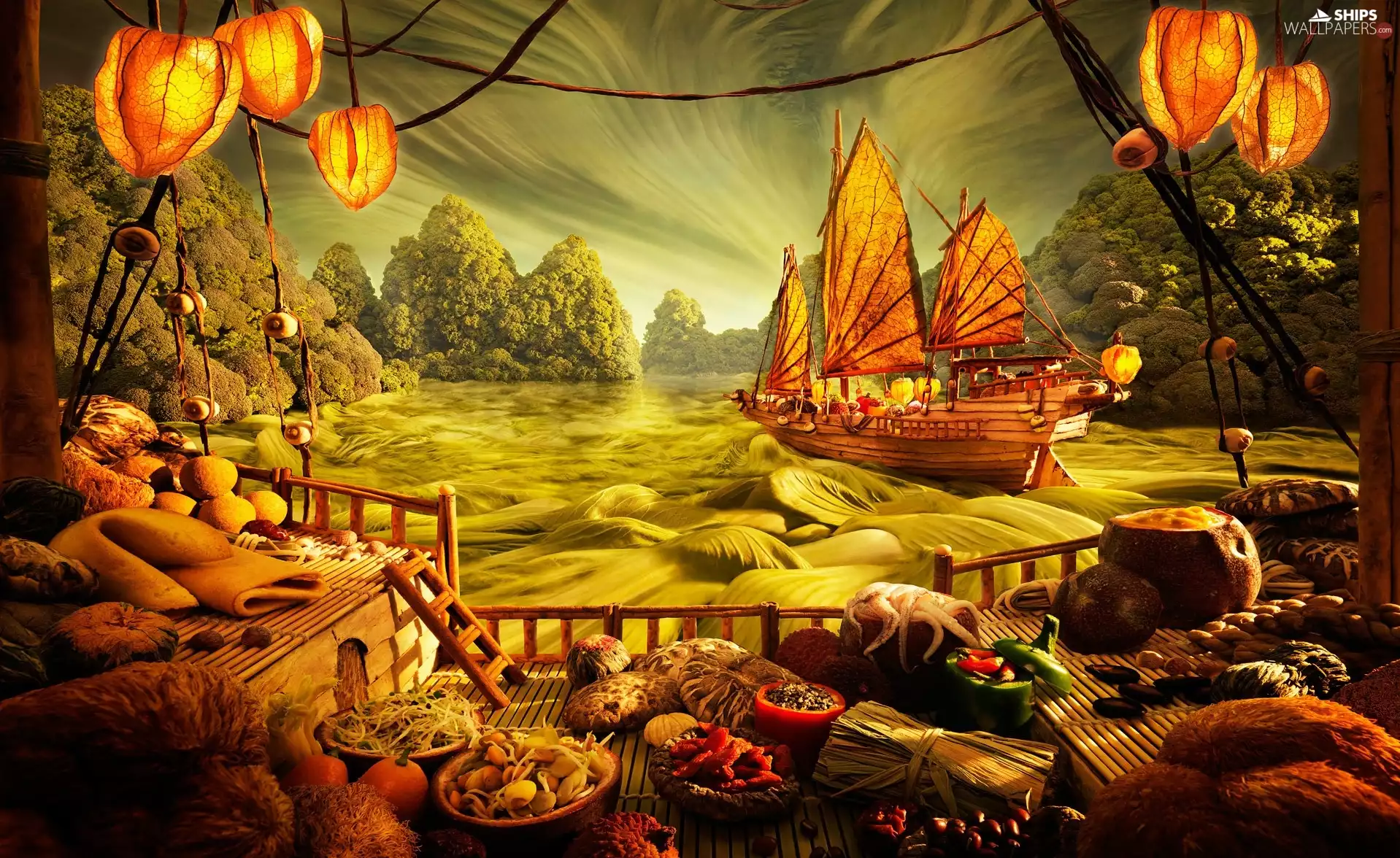 dishes, woods, sailing vessel