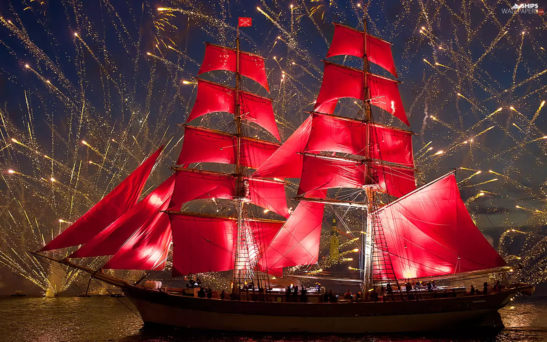 fireworks, Night, sailing vessel