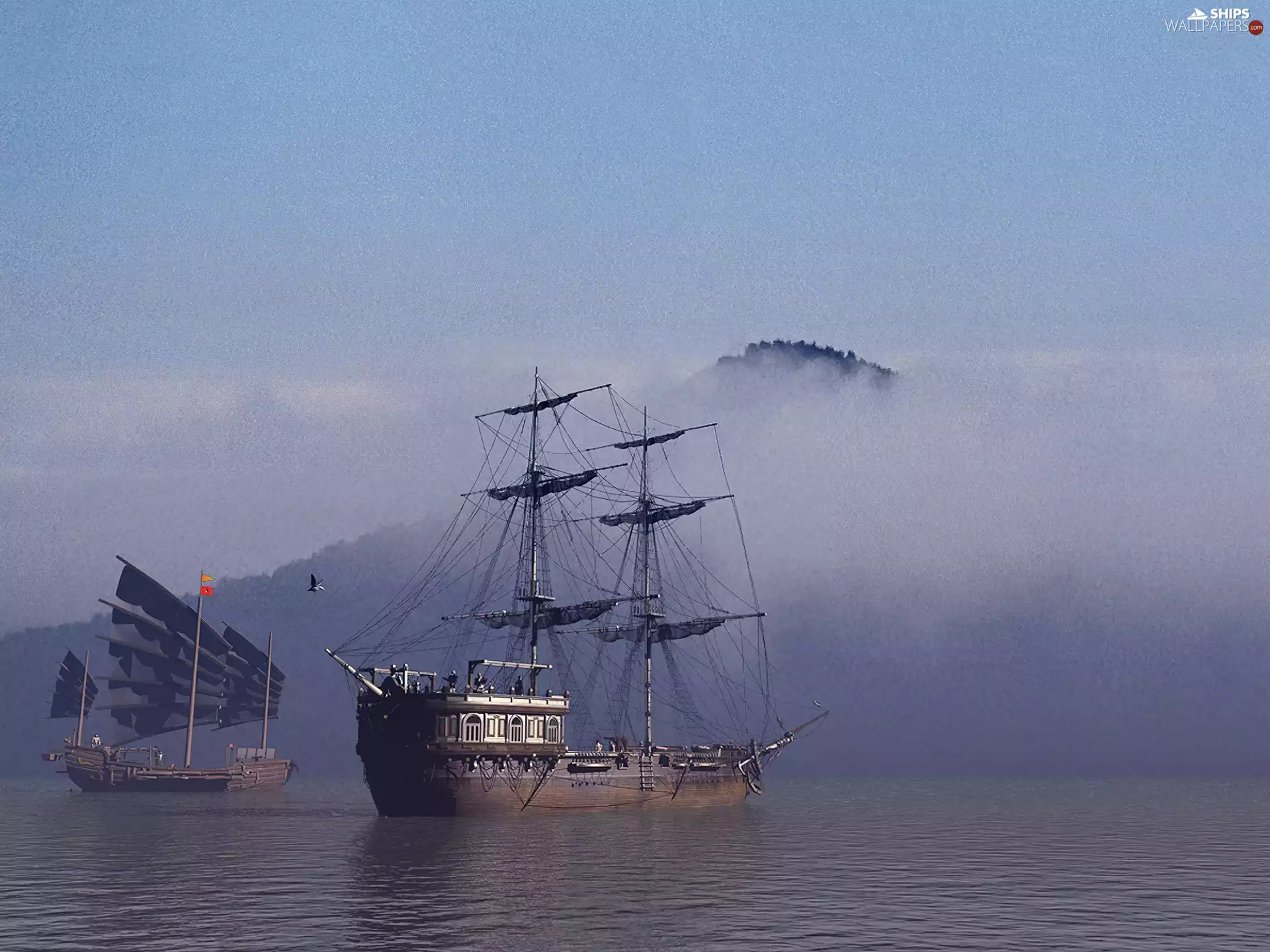 sailing vessel, Fog, Island, sea