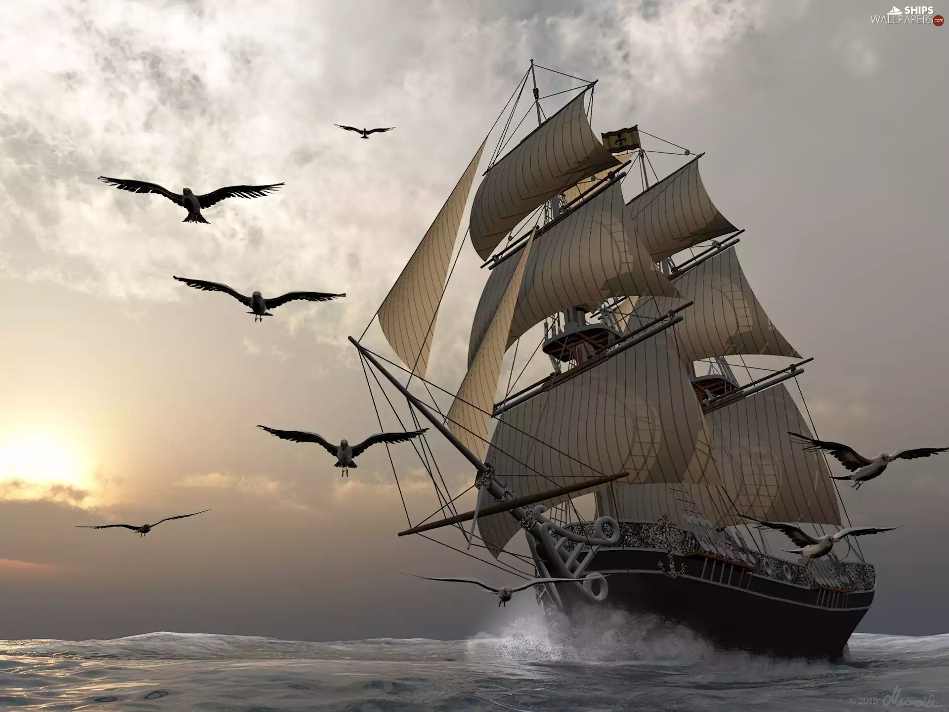 gulls, sea, sailing vessel
