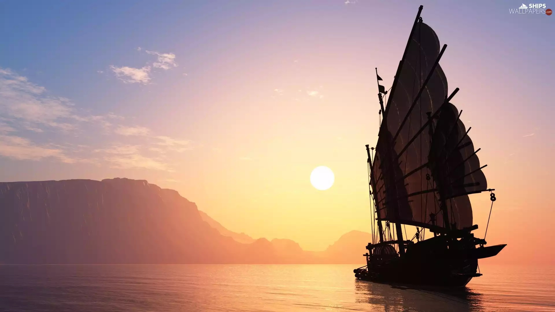 Mountains, sea, sailing vessel