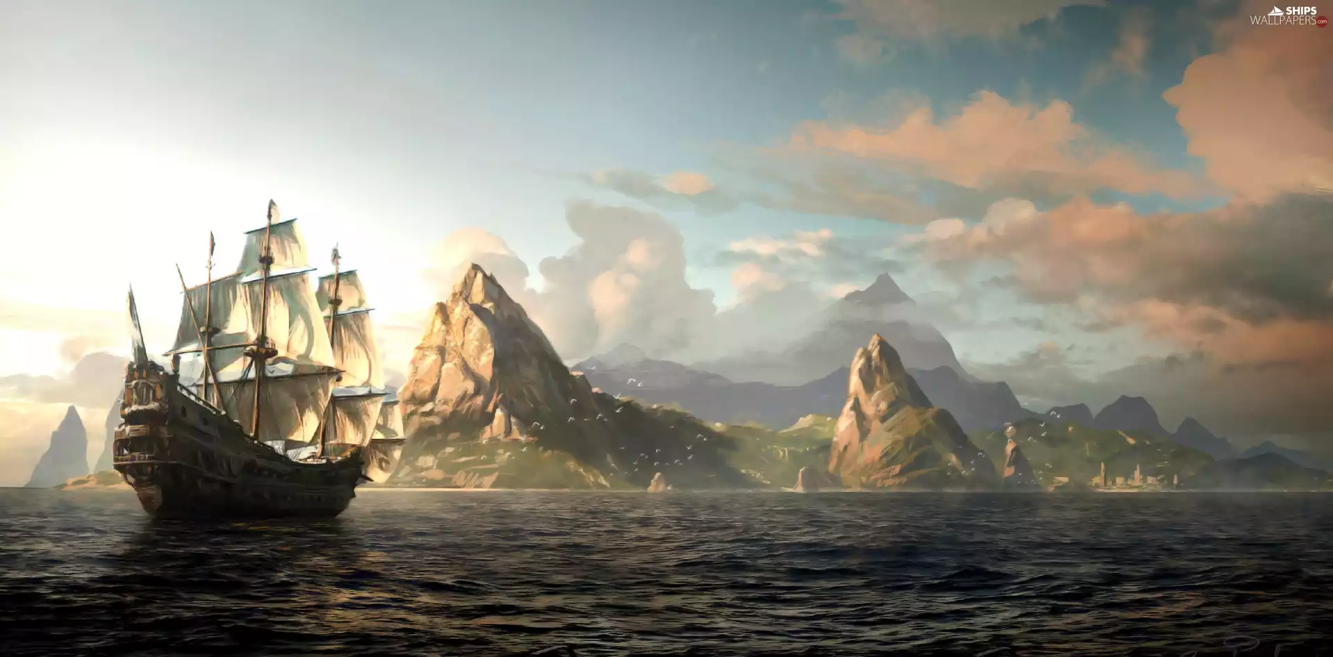 sailing vessel, Mountains, clouds, sea