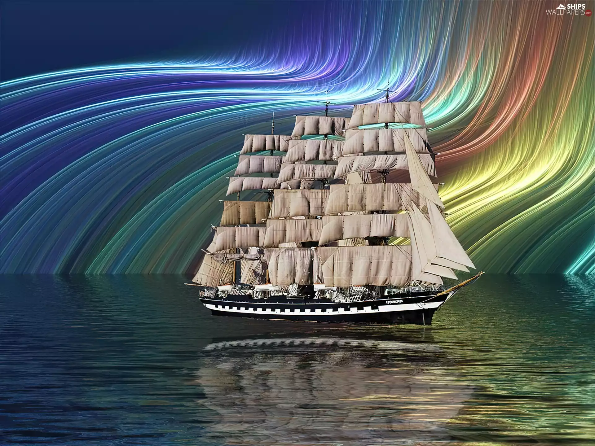 sailing vessel, rainbow, background, sea
