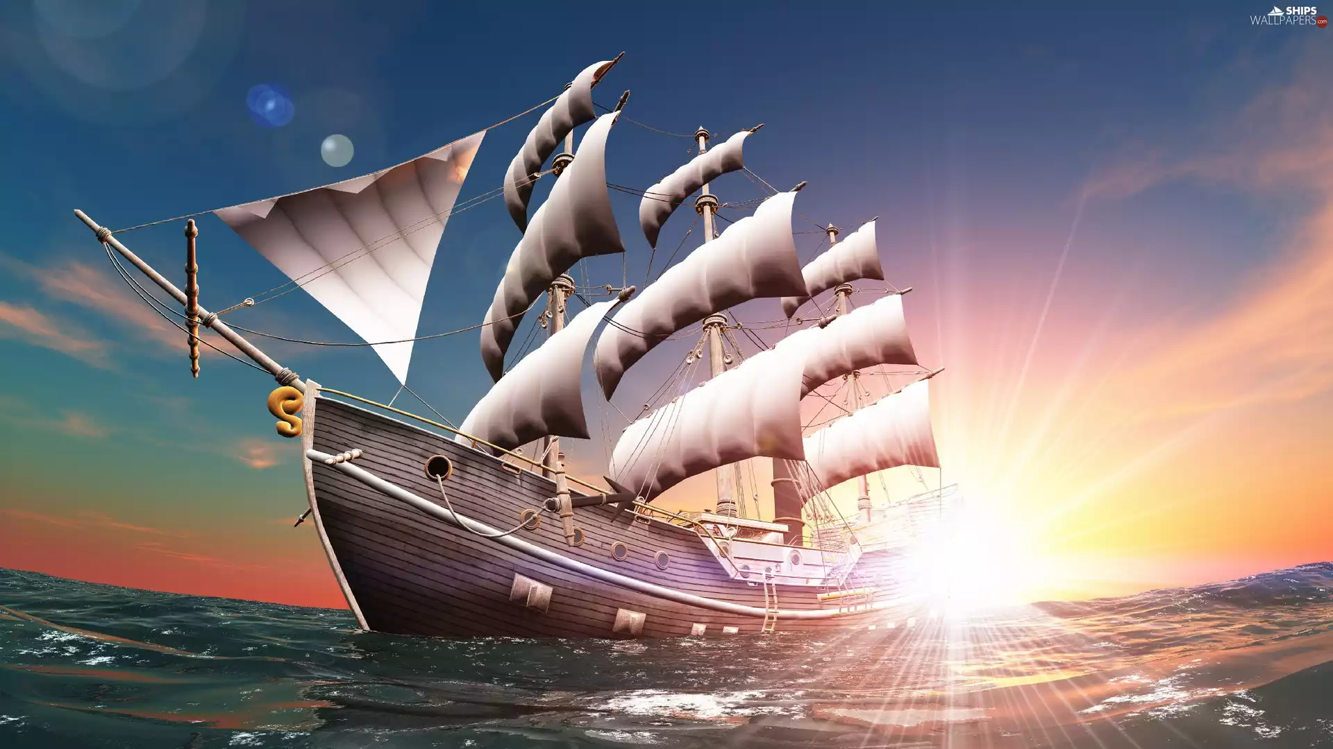 sailing vessel, rays, sun, sea