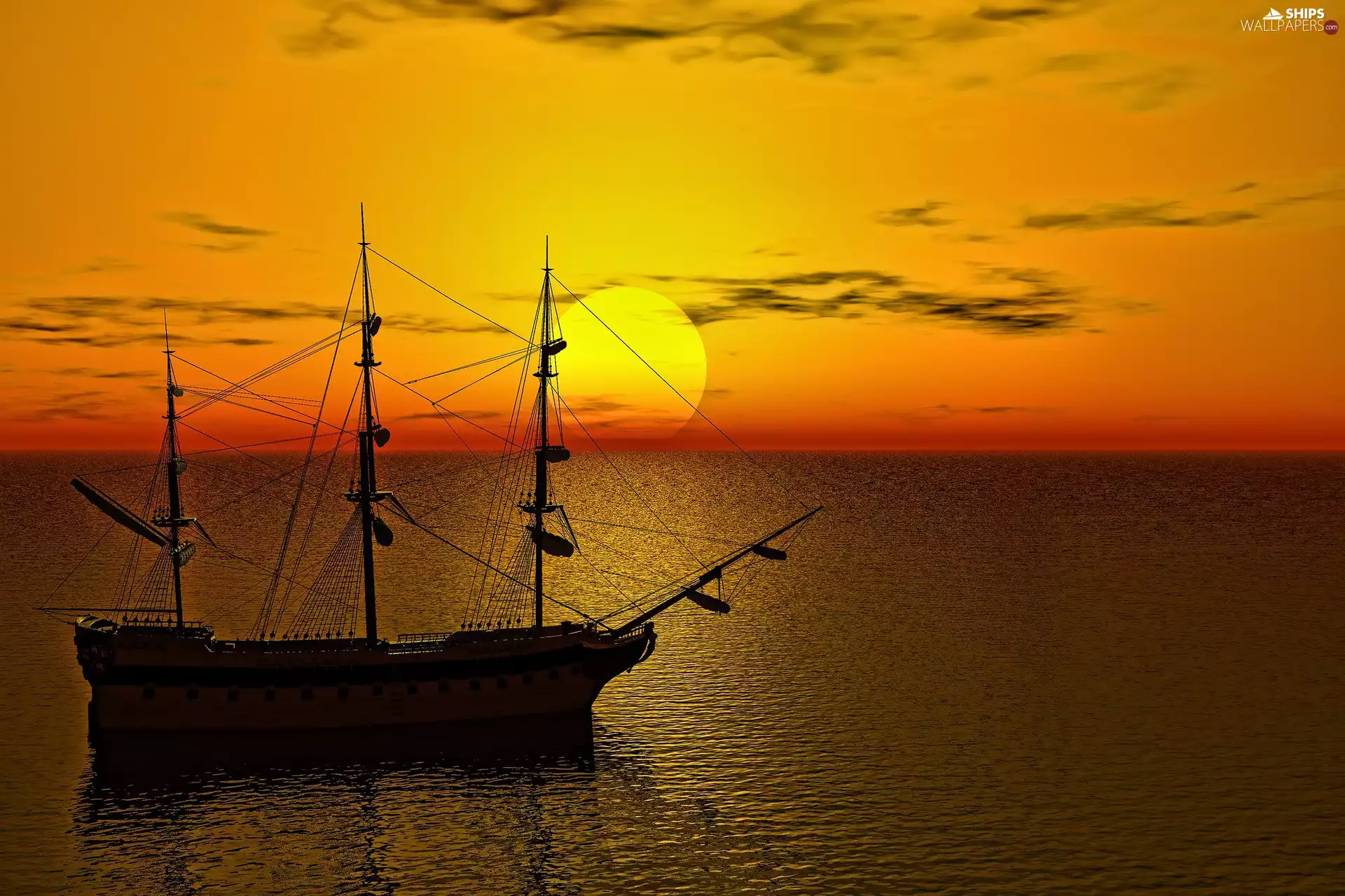 Sunrise, 2D, sailing vessel, Ship, sea