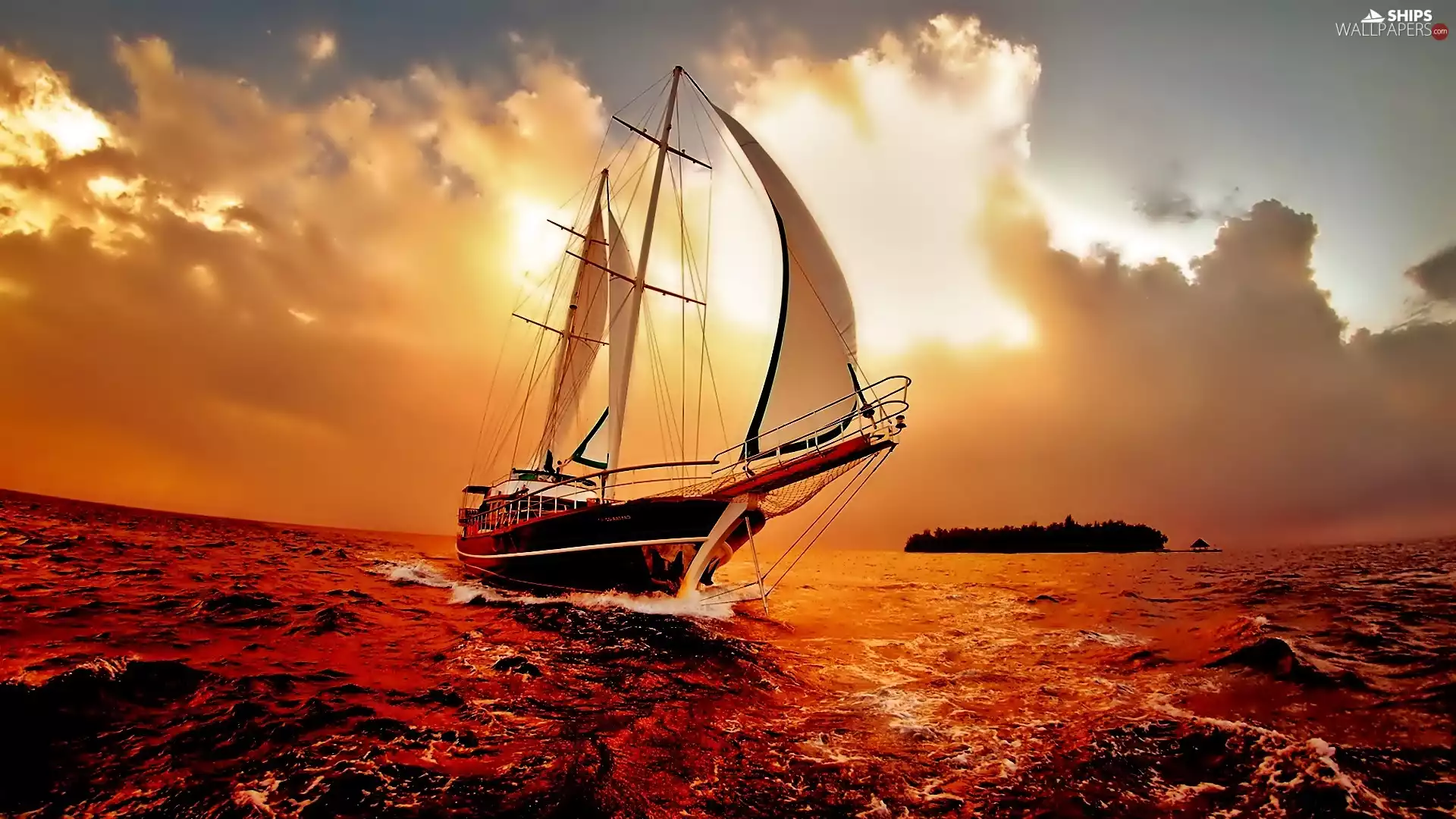 west, sun, sailing vessel, clouds, sea