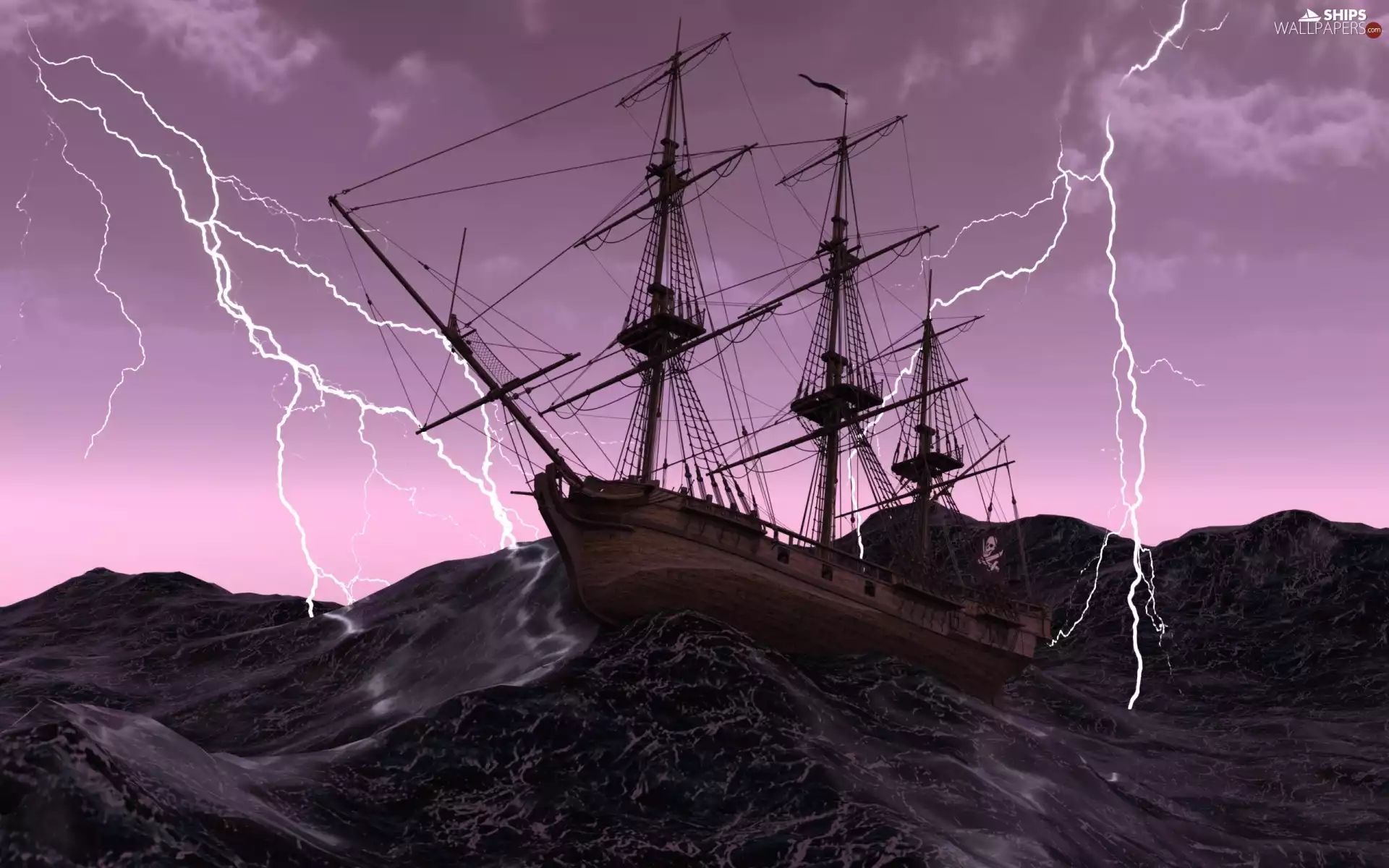 thunderbolt, Waves, sailing vessel, Storm, Ship