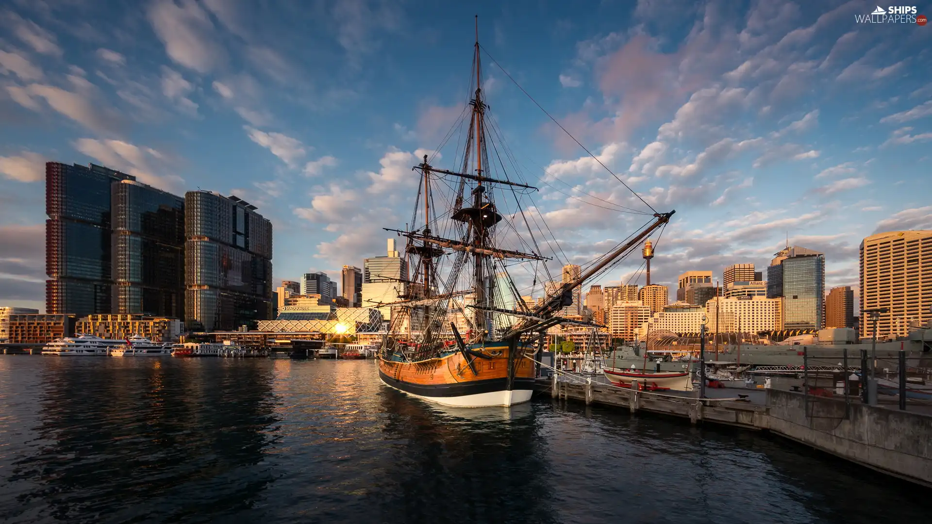 sailing vessel, skyscrapers, port, Town