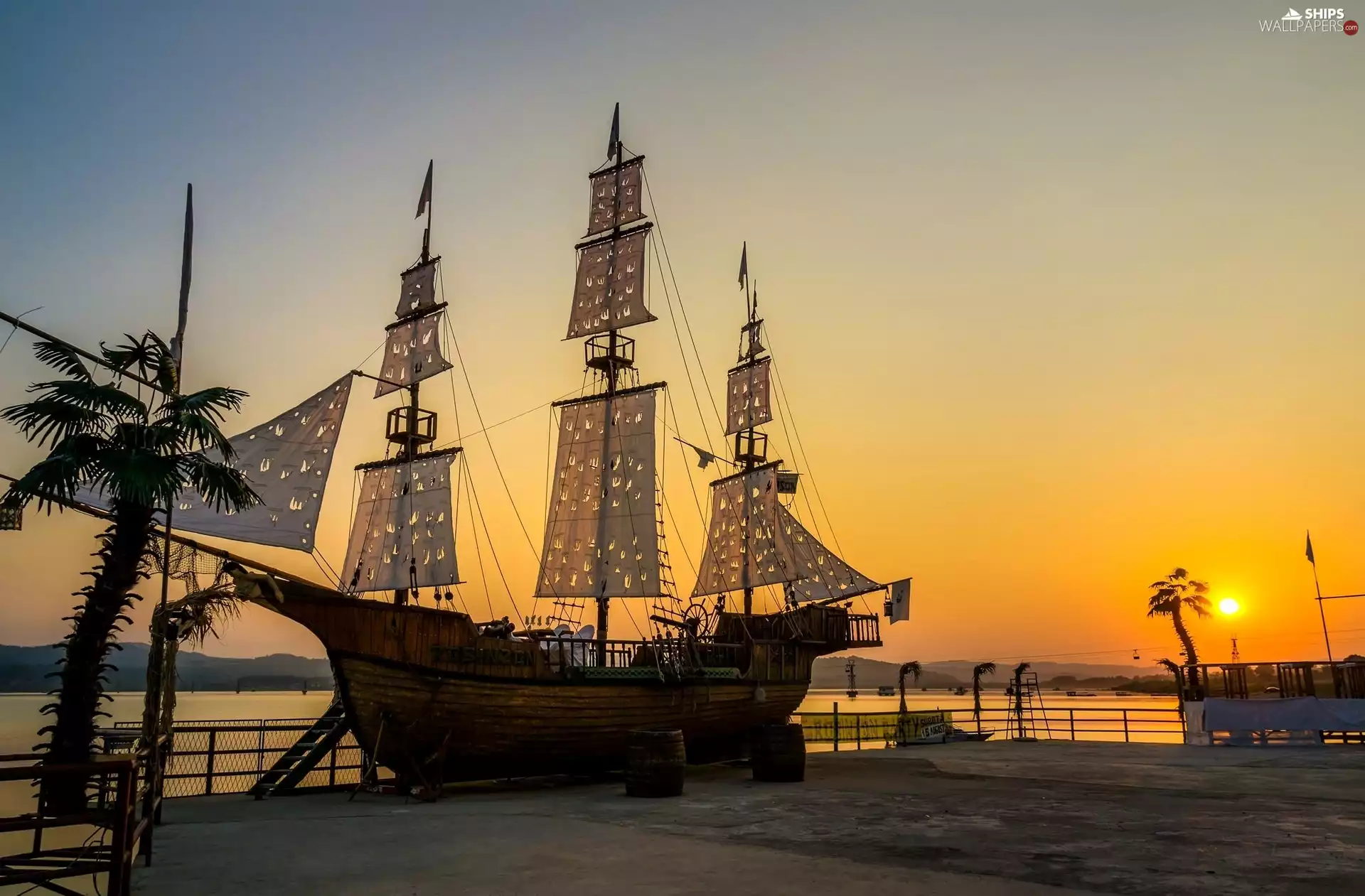 sailing vessel, sun, Palms, west