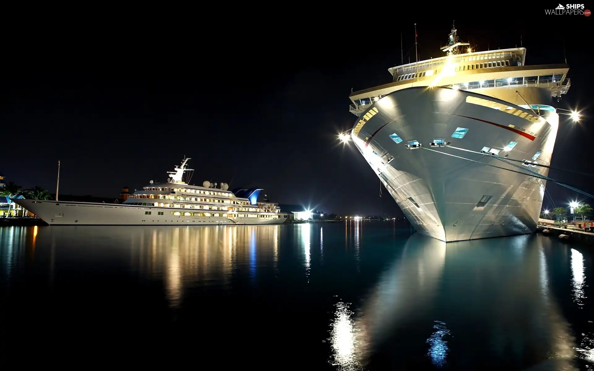 vessels, port, illuminated