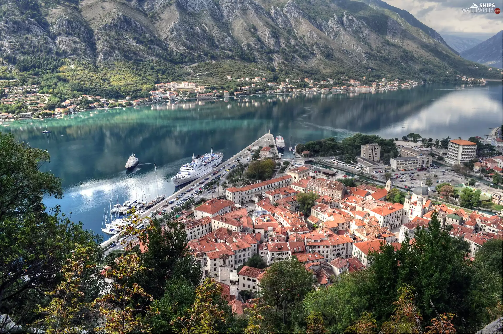 Town, vessels, Kotor, Mountains, Montenegro