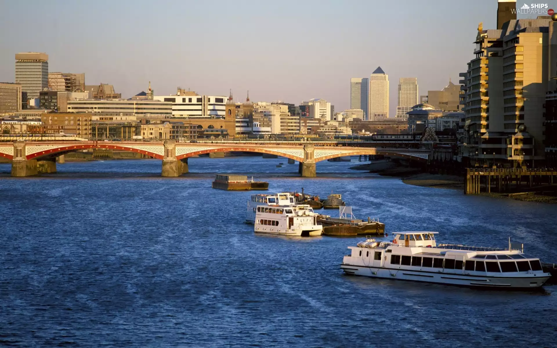 river, bridge, panorama, vessels, River, Barges, town