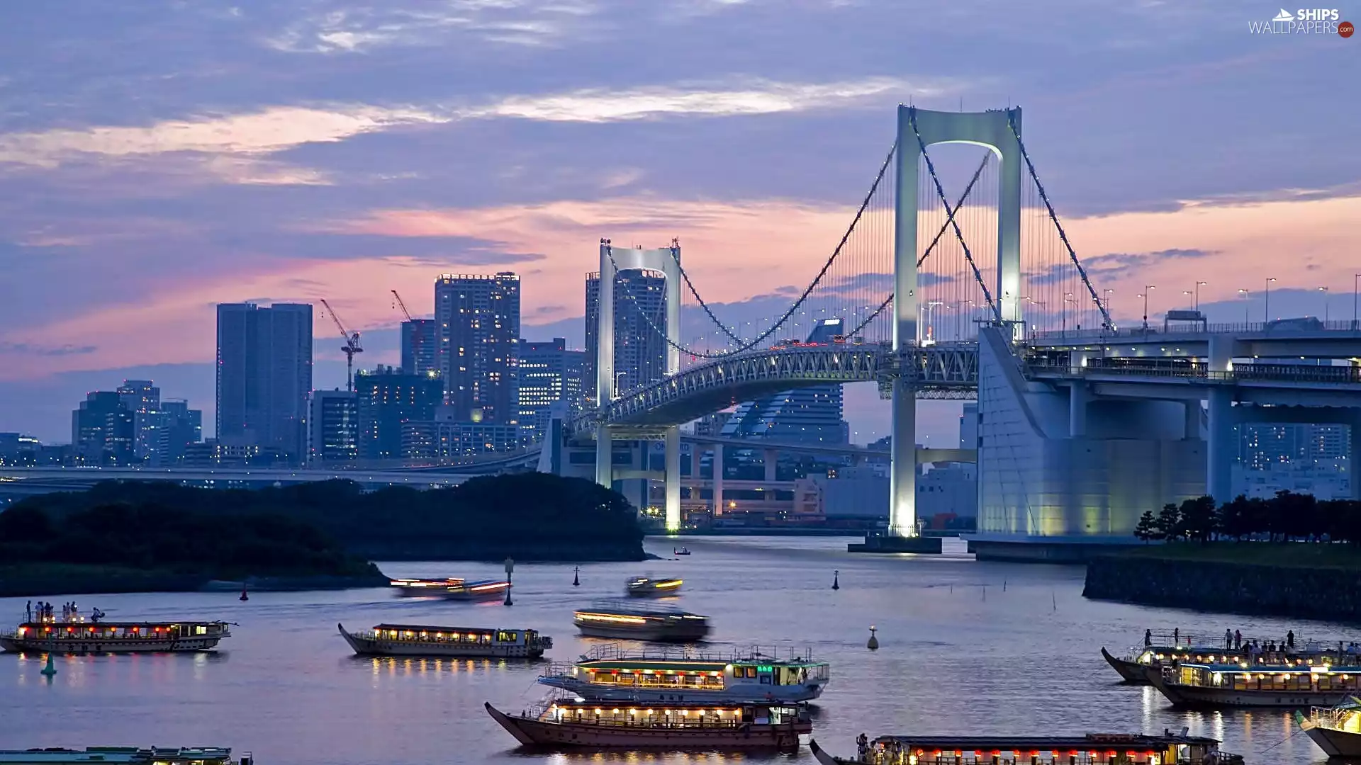 Tokio, dawn, sea, vessels, bridge, panorama