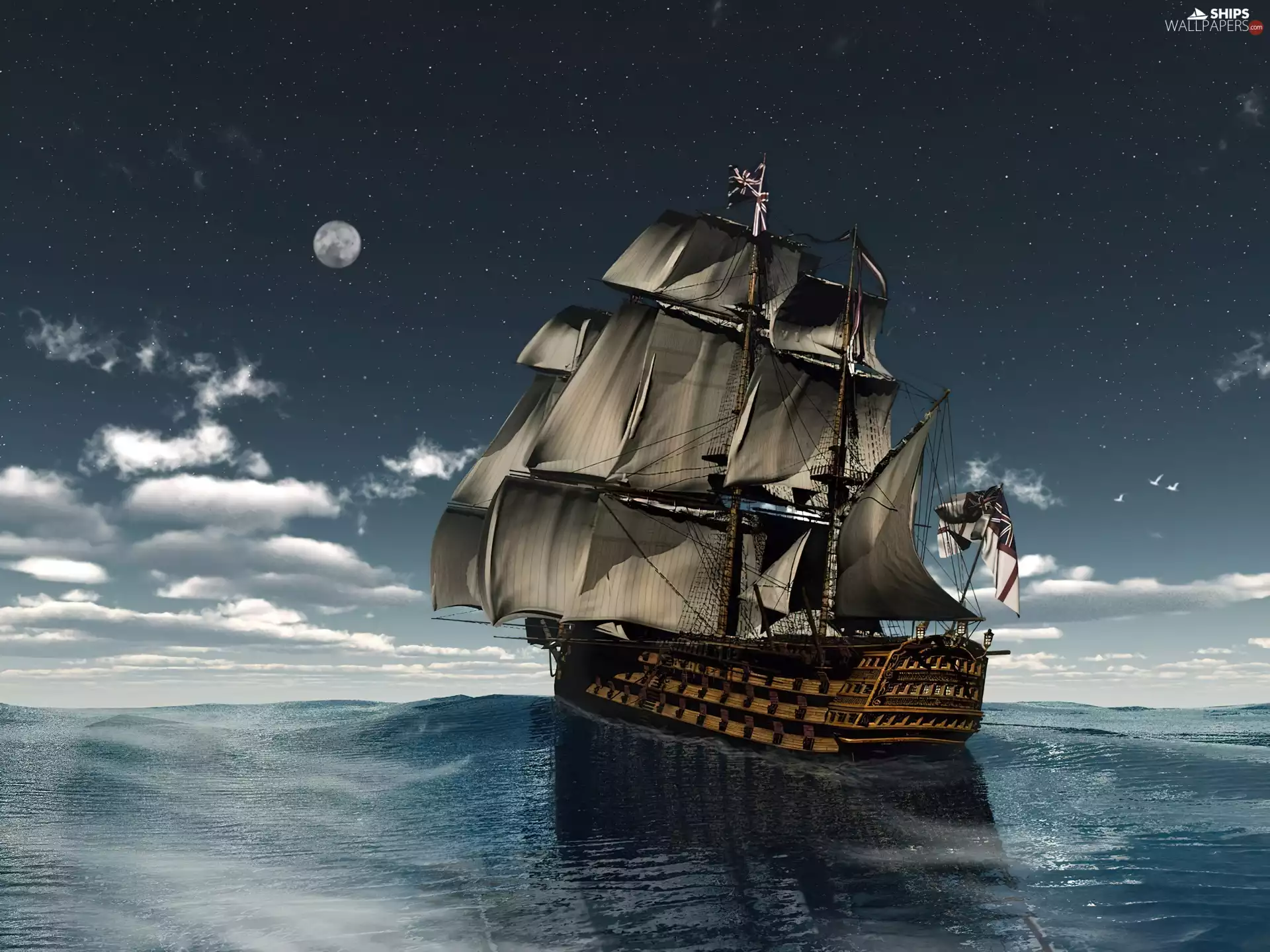 Night, moon, HMS Victory, sea, sailing vessel